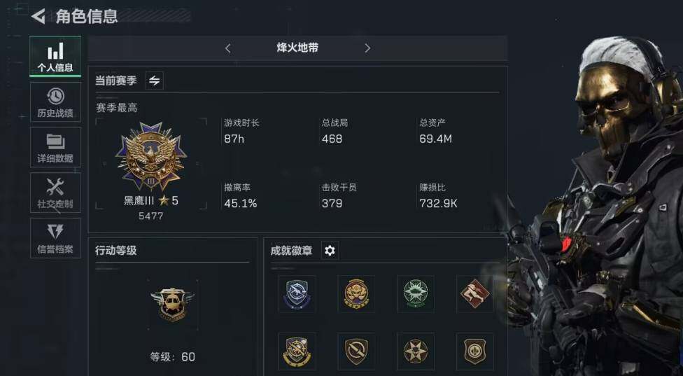 三角洲行动账号PC【SJZF1208】总资产(M)：69M/烽火地带等级：60_段位：黑鹰/红狼-蚀金玫瑰