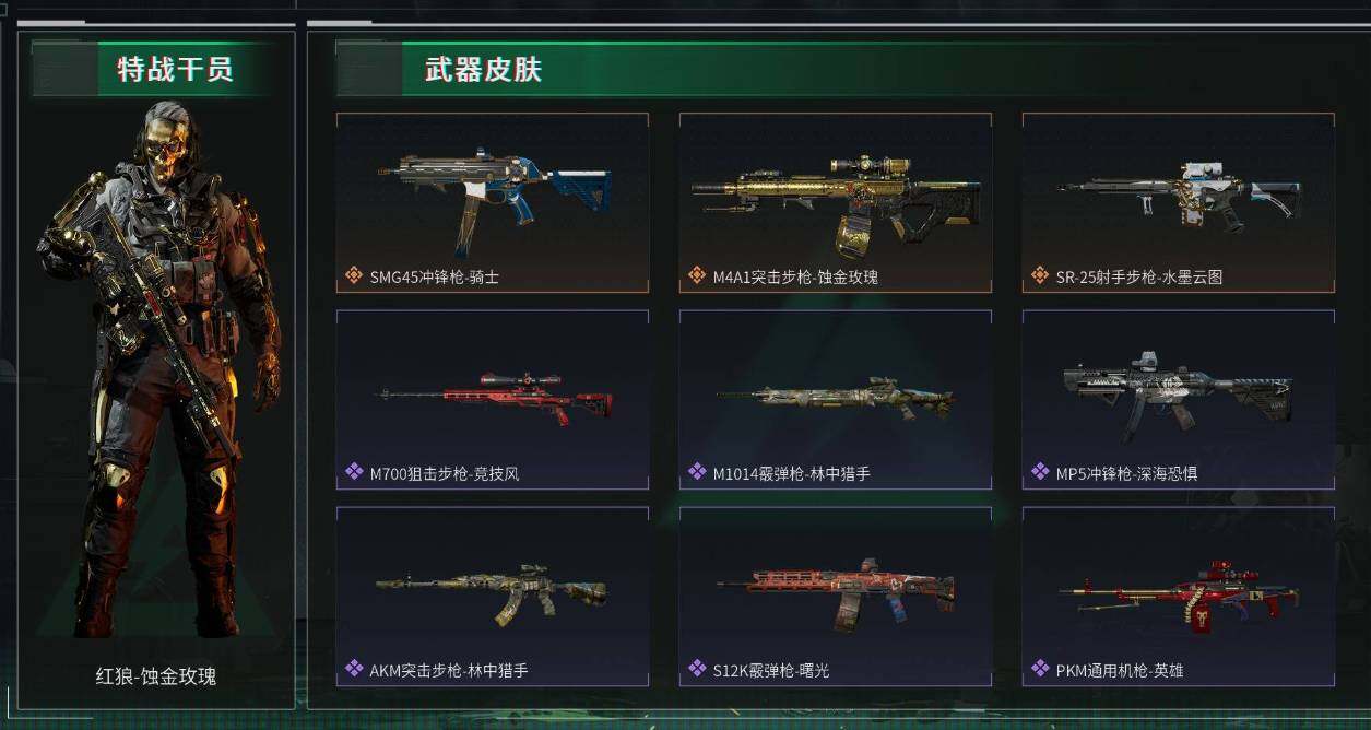 三角洲行动账号PC【SJZX109】传说枪皮数：3/红狼-蚀金玫瑰/M4A1突击步枪-蚀金玫瑰/SMG45冲锋枪-骑士/SR-25射手步枪-水墨云图