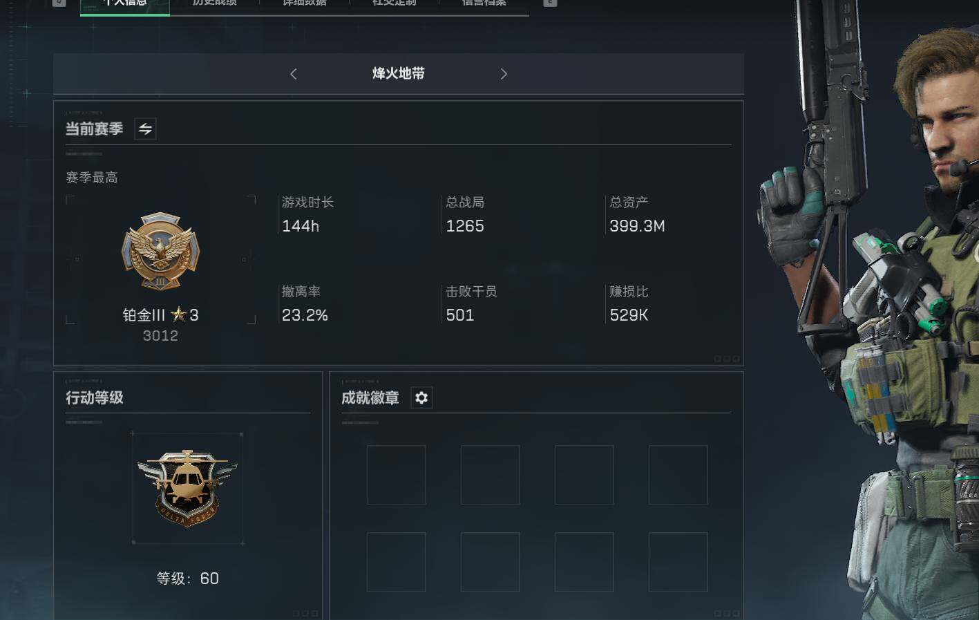 三角洲行动账号QQ【SJZF1486】总资产(M)：399M/烽火地带等级：60_段位：铂金/SR-25射手步枪-水墨云图/CAR-15突击步枪-黑鹰坠落