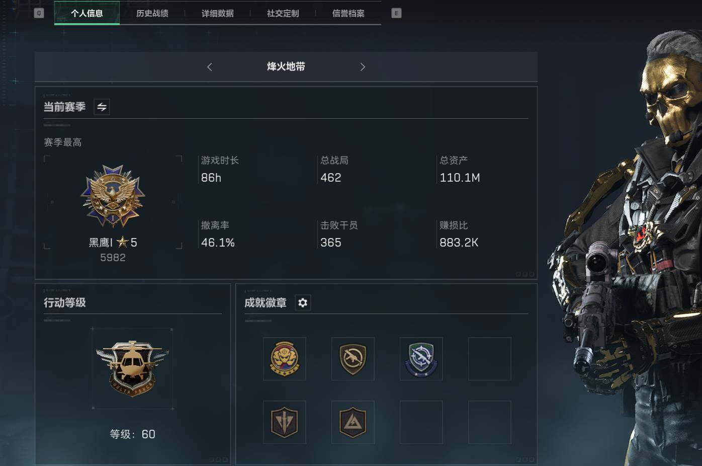 三角洲行动账号QQ【SJZF1514】总资产(M)：110M/烽火地带等级：60_段位：黑鹰/高级安全箱6(2x3)/红狼-蚀金玫瑰/威龙-壮志凌云/无名-夜鹰/M4A1突击步枪-蚀金玫瑰/AKM突击步枪-流光铂影/