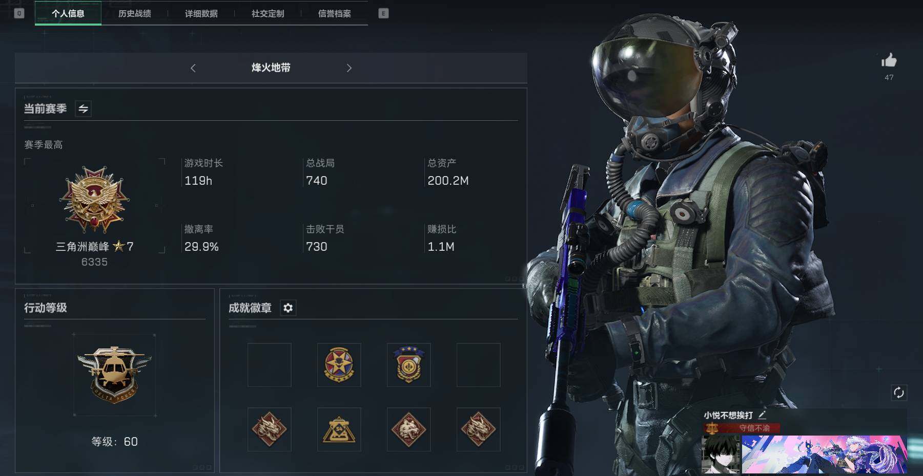 三角洲行动账号QQ【SJ808】总资产(M)：200M/哈夫币(K)：7337K/哈夫币(K)：7337K/传说枪皮数：4/全面战场等级：28_段位：军士长/烽火地带等级：60_段位：三角洲巅峰/高级安全箱6(2x3