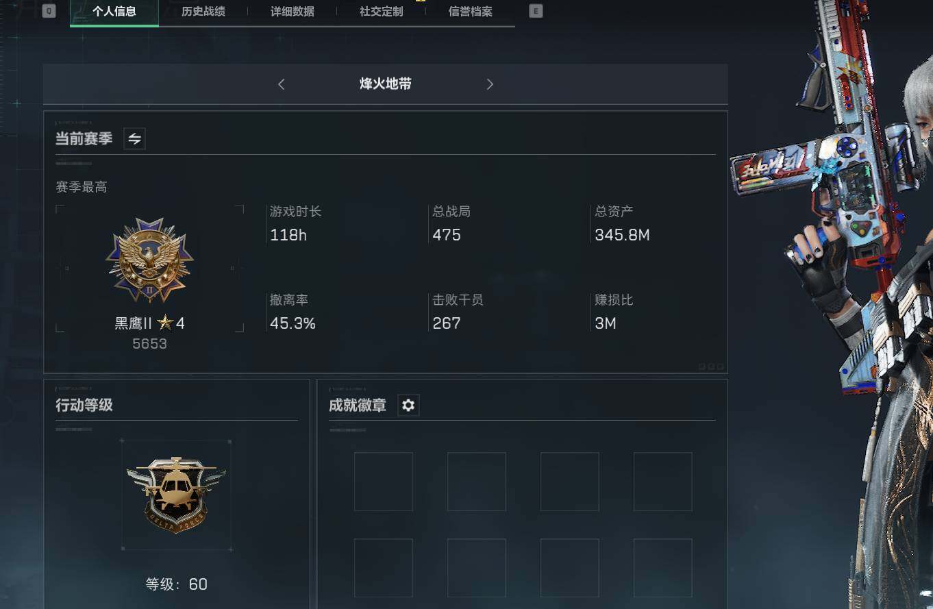 三角洲行动账号QQ【SJZF1621】总资产(M)：345.8M/哈夫币(K)：133K/哈夫币(K)：133K/烽火地带等级：60_段位：黑鹰/高级安全箱6(2x3)/红狼-蚀金玫瑰/骇爪-水墨云图/威龙-蛟龙特战