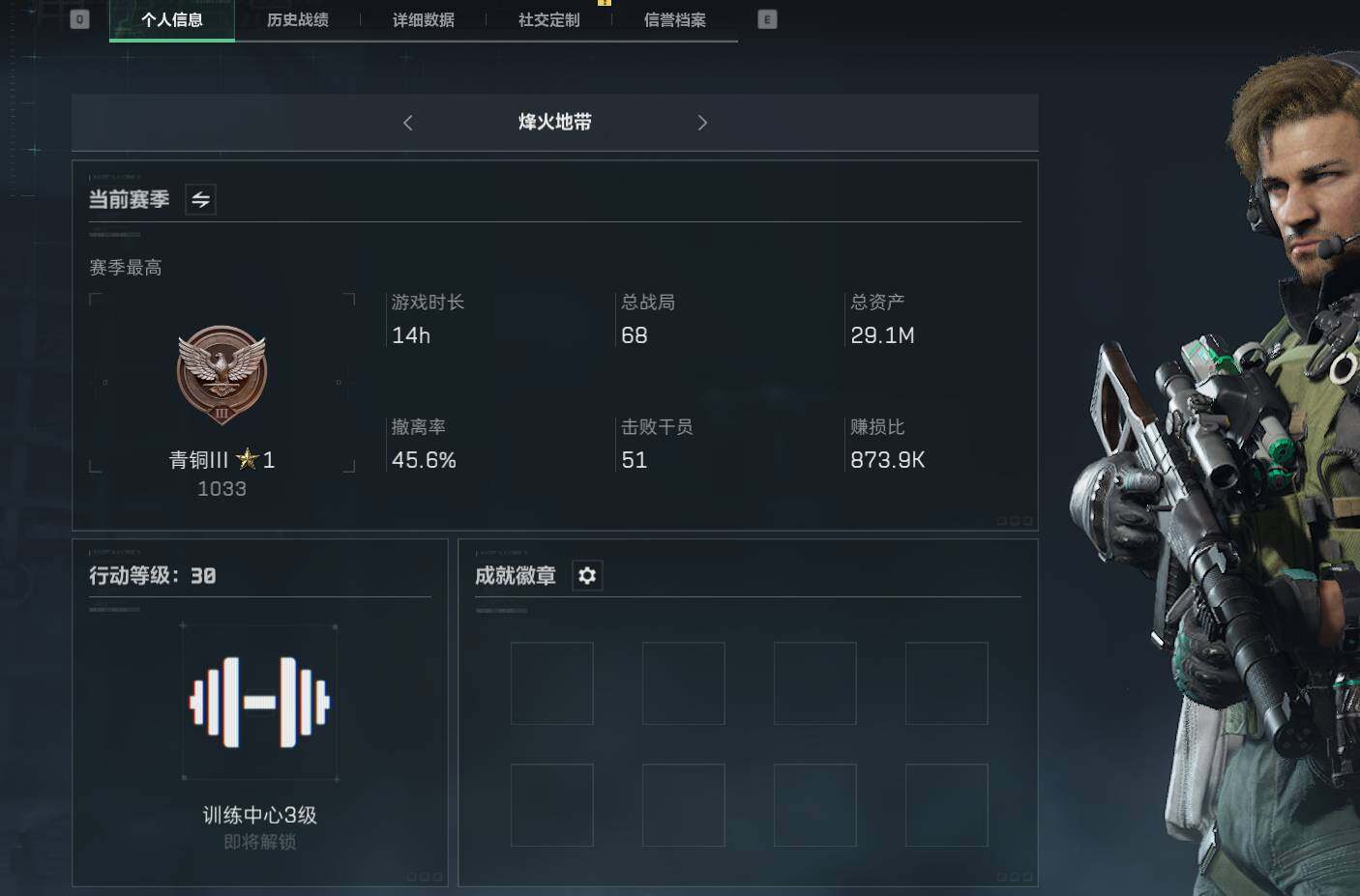 三角洲行动账号QQ【SJZF1554】总资产(M)：29M/烽火地带等级：30_段位：青铜
