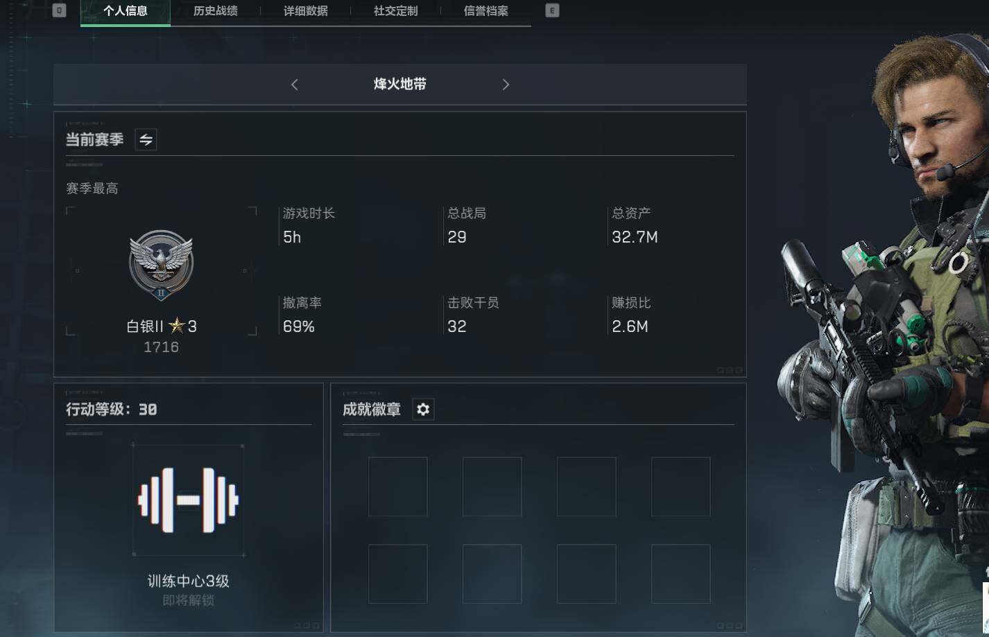 三角洲行动账号QQ【SJZF1590】总资产(M)：32M/烽火地带等级：30_段位：白银/AUG突击步枪-蝮蛇