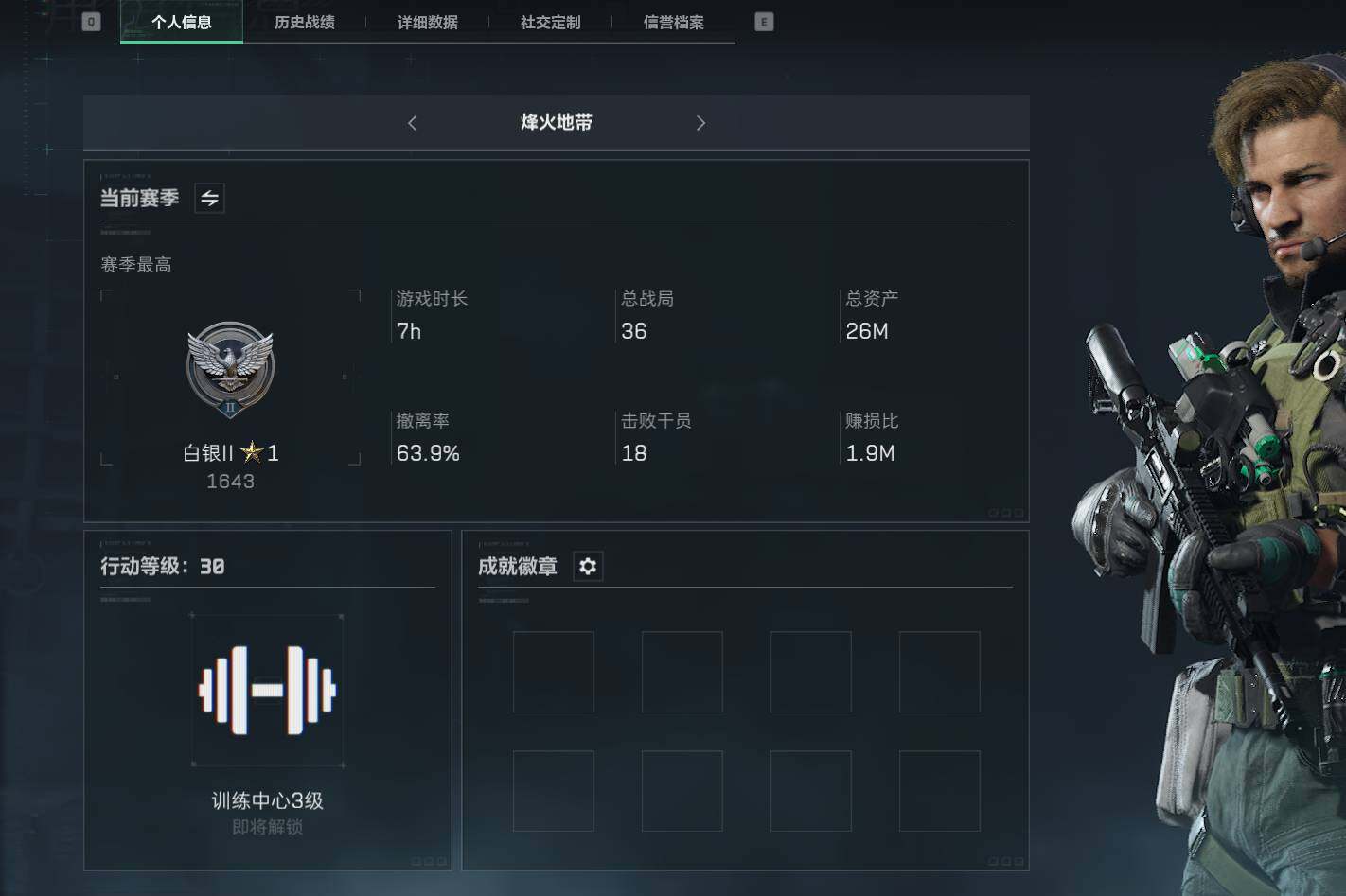 三角洲行动账号QQ【SJZF1634】总资产(M)：26M/烽火地带等级：30_段位：白银/AKM突击步枪-林中猎手/M1014霰弹枪-林中猎手/M700狙击步枪-竞技风