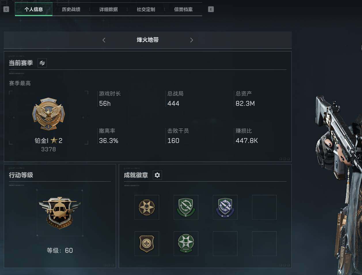 三角洲行动账号QQ【SJZF1775】总资产(M)：82.3M/哈夫币(K)：51597K/哈夫币(K)：51597K/传说枪皮数：3/烽火地带等级：60_段位：铂金/高级安全箱6(2x3)/骇爪-水墨云图/SR-2