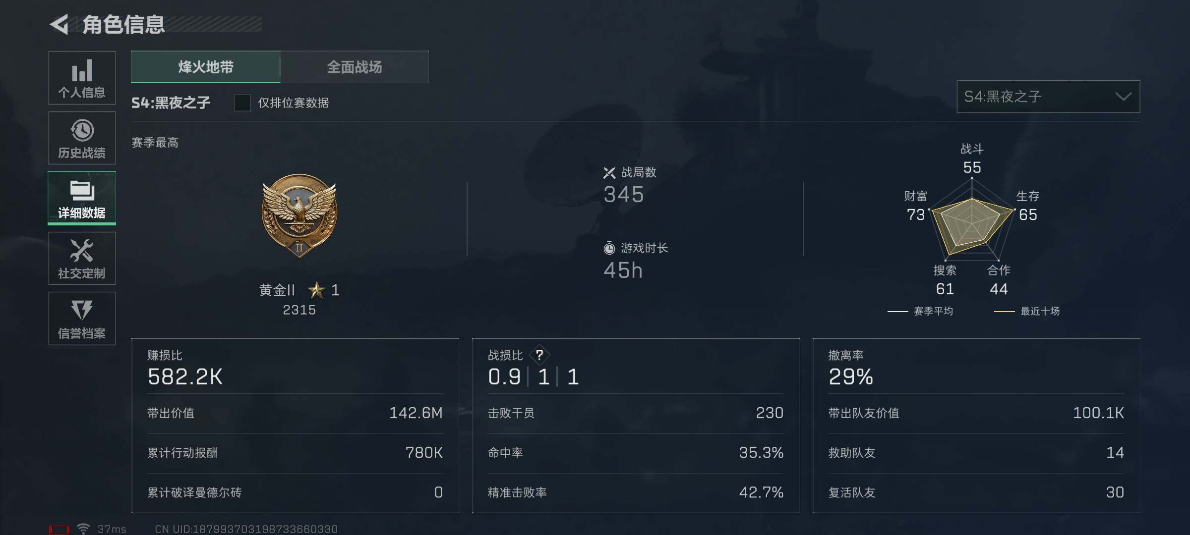 三角洲行动账号QQ【SJN105】总资产(M)：93.1M/哈夫币(K)：55218K/哈夫币(K)：55218K/全面战场等级：1_段位：无段位/烽火地带等级：50_段位：黄金/进阶安全箱4(2x2)