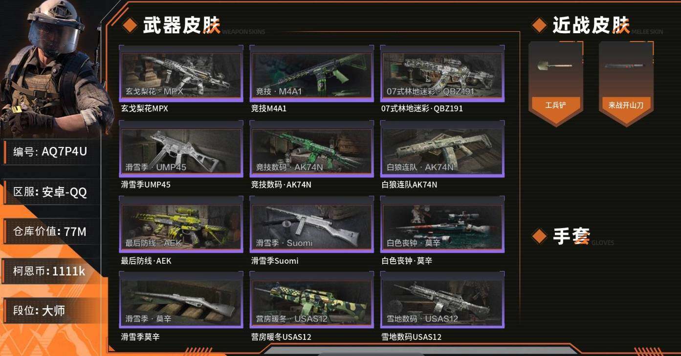 暗区突围账号安卓QQ【AQF111】等级：30/段位：专家/仓库价值(百万)：140/柯恩币：0.1