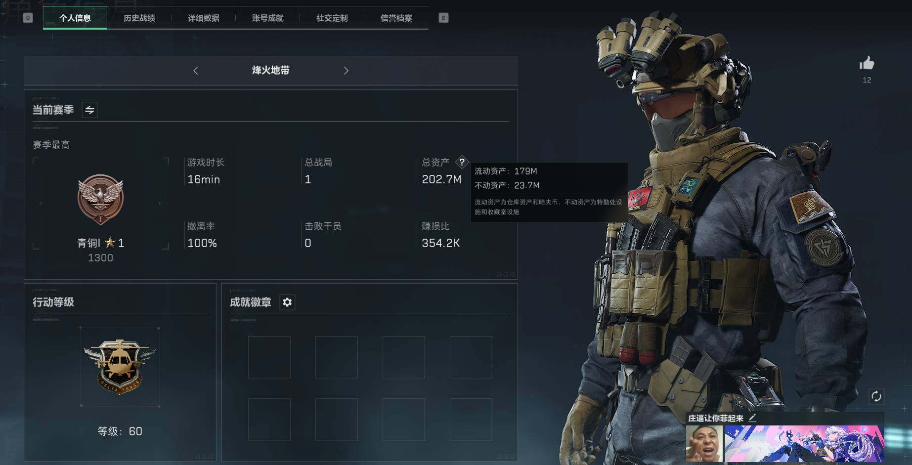 三角洲行动账号QQ【SJ1428】总资产(M)：202M/哈夫币(K)：116965K/哈夫币(K)：116965K/传说枪皮数：1/烽火地带等级：60_段位：青铜/无名-夜鹰/近战-黑鹰/AK-12突击步枪-夜鹰