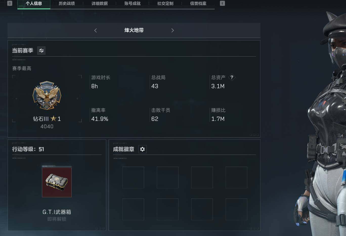 三角洲行动账号QQ【SJZF2081】哈夫币(K)：537K/哈夫币(K)：537K/传说枪皮数：2/烽火地带等级：51_段位：钻石/露娜-黑·天际线/SMG45冲锋枪-骑士/复合弓-黑-天际线/AKM突击步枪-林中