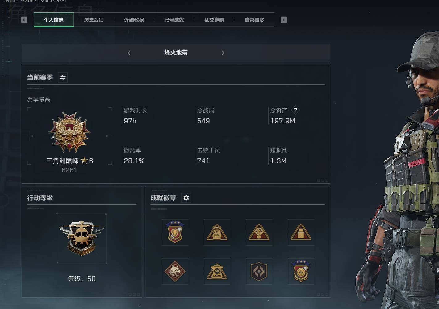 三角洲行动账号QQ【SJZF2154】总资产(M)：197M/哈夫币(K)：94075K/哈夫币(K)：94075K/传说枪皮数：8/烽火地带等级：60_段位：三角洲巅峰/顶级安全箱9(3x3)/威龙-飞虎/无名-夜