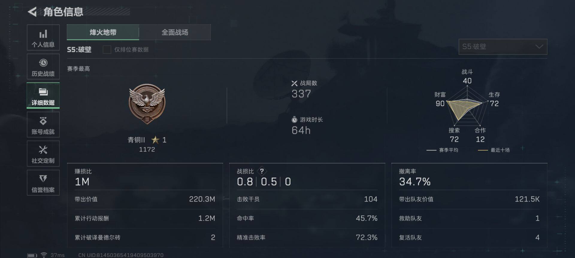三角洲行动账号QQ【SJZX463】总资产(M)：138.6M/哈夫币(K)：44292K/哈夫币(K)：44292K/烽火地带等级：60_段位：青铜/近战-黑鹰/AKM突击步枪-林中猎手/M1014霰弹枪-林中猎手