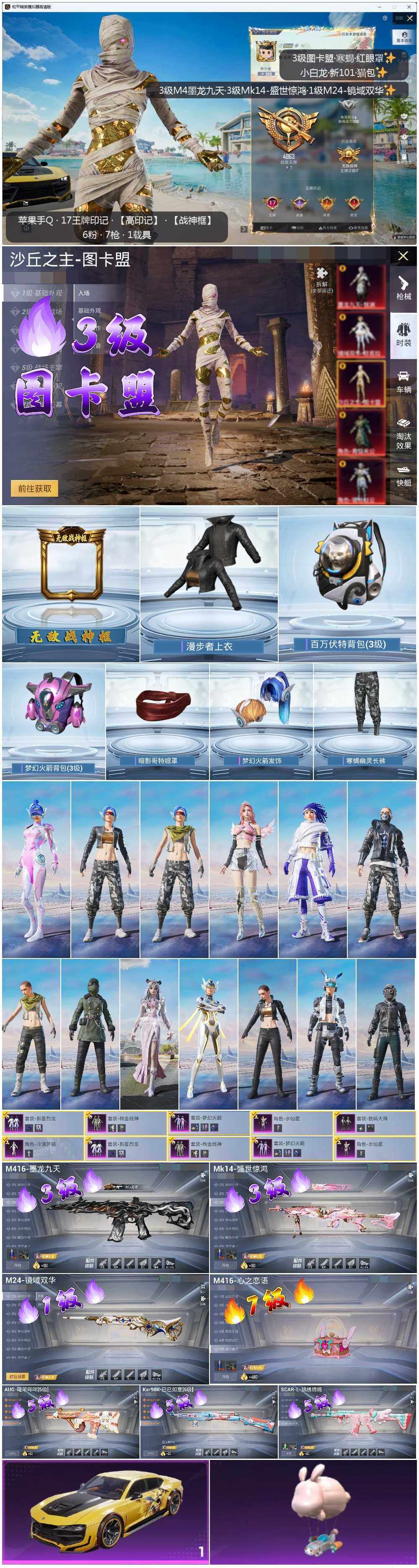 和平精英账号苹果QQ战神框1/绝世印记1【商品标题】：苹果 手Q-1红装-6粉装-7特效枪-2载具-65600热力值-17印记-156套装-204枪皮【热门品类】：套装-寒蝎幽灵【角色神装等级】：沙丘之主-图卡盟(三级
