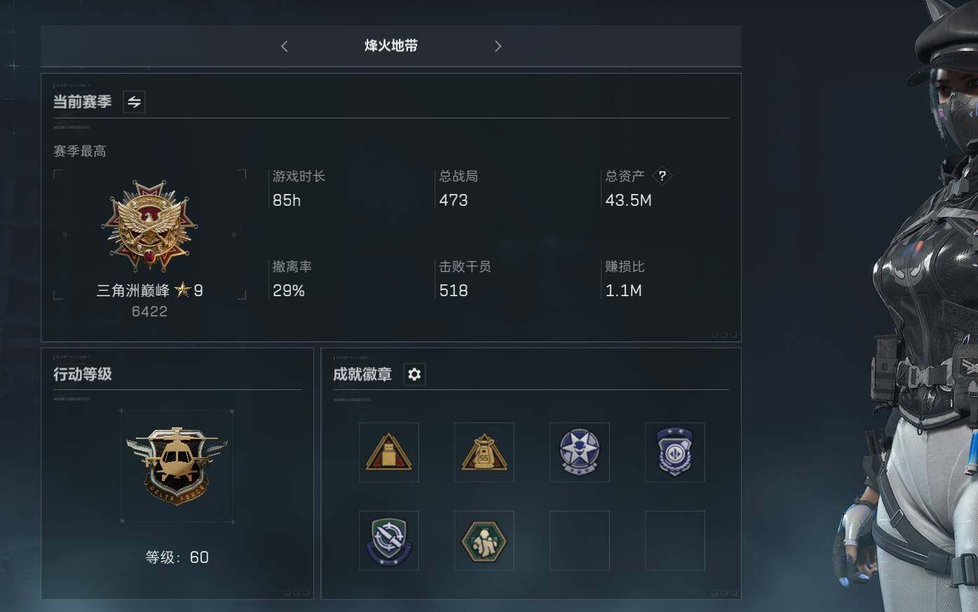 三角洲行动账号QQ【SJZF2325】总资产(M)：43M/哈夫币(K)：5K/哈夫币(K)：5K/传说枪皮数：9/烽火地带等级：60_段位：三角洲巅峰/露娜-黑·天际线/威龙-飞虎/蜂医-送葬人·无题密令/近战-黑