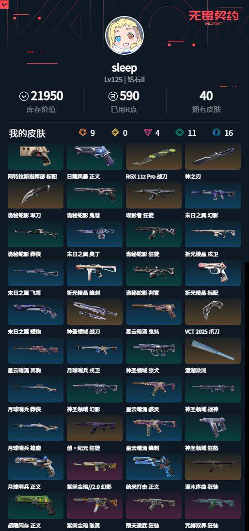 无畏契约账号QQ【LX79202】【25英雄40皮肤】【9传奇武器4卓越】
【套装】：VCT 2025 赛季套装
【英雄】：幻棱，炼狱，维斯，暮蝶，钛狐，壹决，铁臂，捷风，幽影，不死鸟，贤者，猎枭，零，芮娜，奇乐，