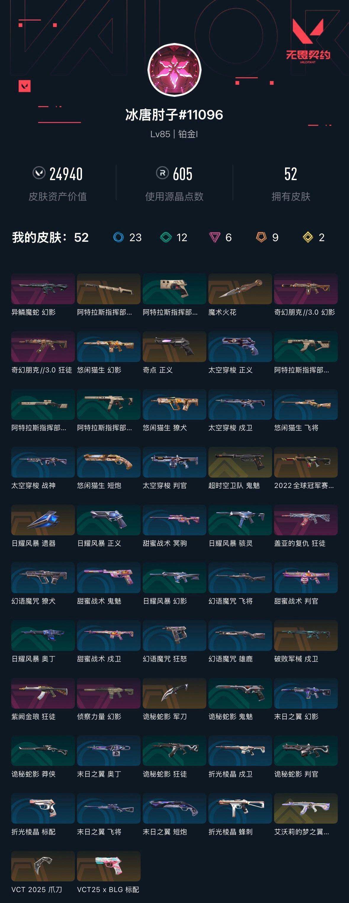 无畏契约账号QQ[13489413]【套装】：VCT 2025 赛季套装
【英雄】：幻棱，炼狱，维斯，暮蝶，壹决，铁臂，捷风，雷兹，幽影，不死鸟，贤者，猎枭，蝰蛇，零，芮娜，奇乐，尚勃勒，霓虹，夜露，K/O，盖可，黑