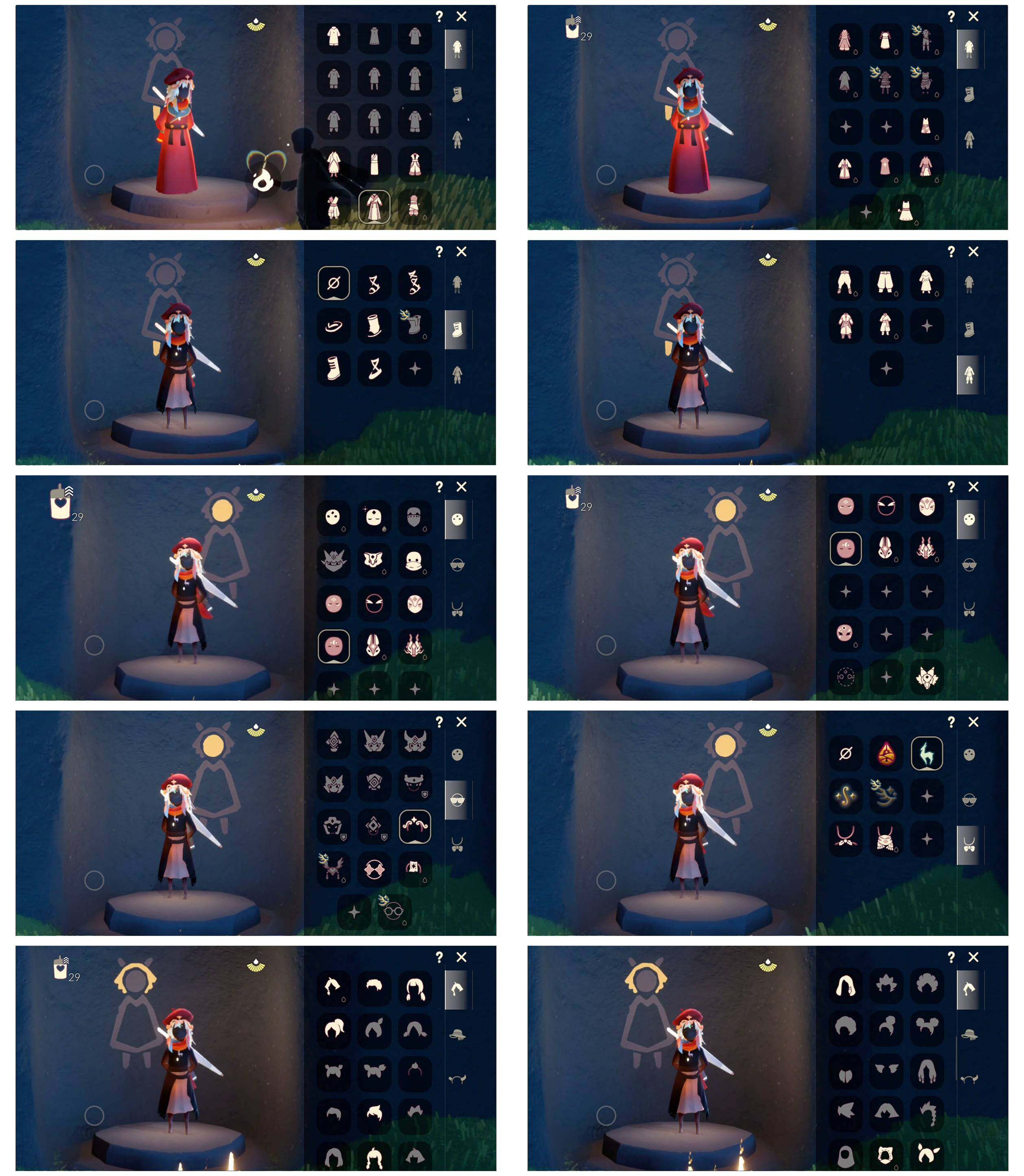 光遇账号安卓官服3季10翼武士裤月华套装连衣裙暗彩武士裤鳐鲲长裙九色鹿角日光耳环详情看图，价格可刀
资源：蜡烛  29  爱心 62   红烛 22  翼10
已毕业地图：无
毕业季节： 归巢季  九色鹿季  二重