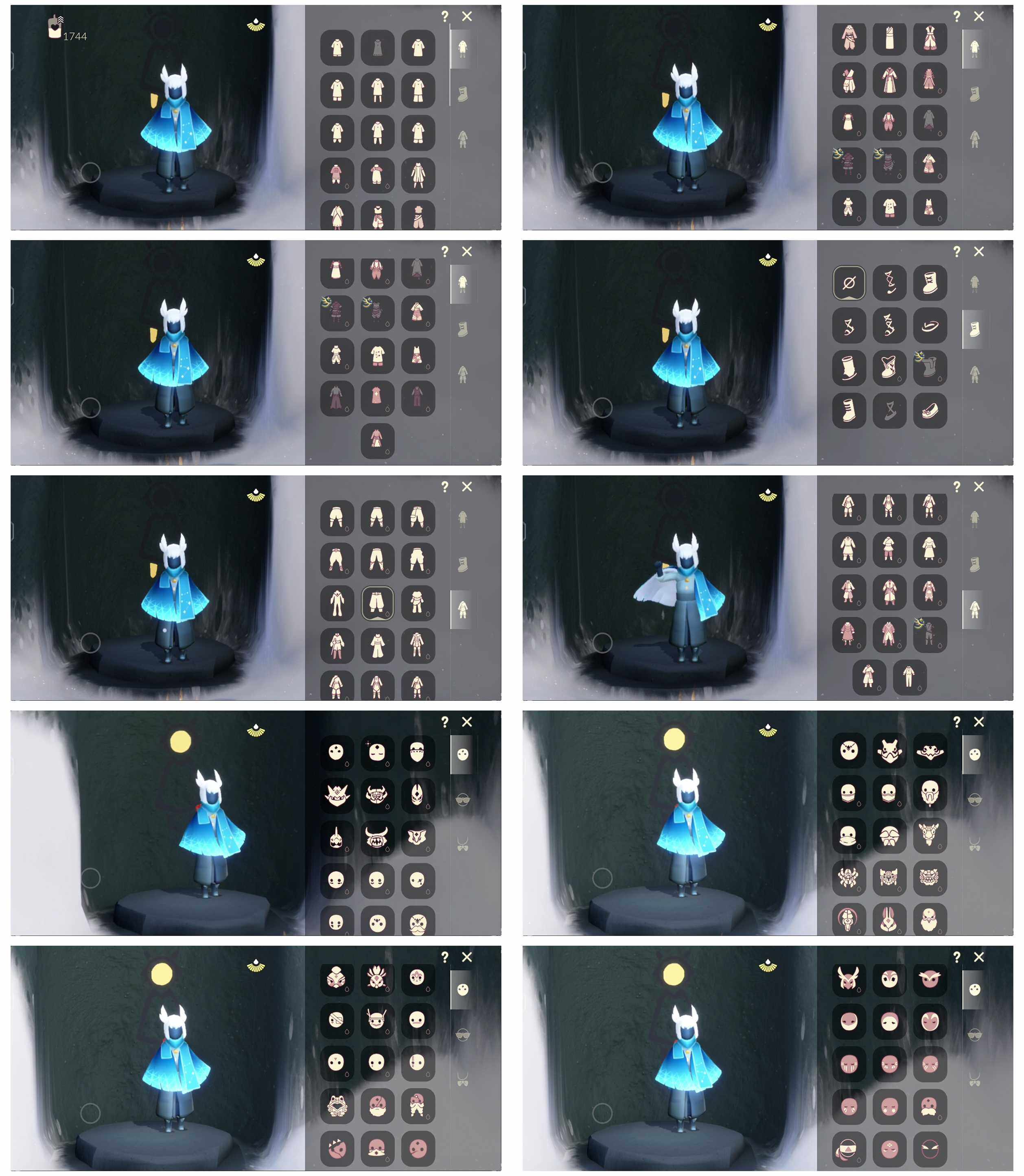 光遇账号安卓官服13季10翼狗头鸟羽斗篷猫猫头圣诞帽黄鼠狼面具橘子发饰彩虹耳机线框斗篷潜海面具白枭
资源：蜡烛 1744   爱心 107    红烛11   翼10
已毕业地图：全图毕业
毕业季节： 预言季 梦想