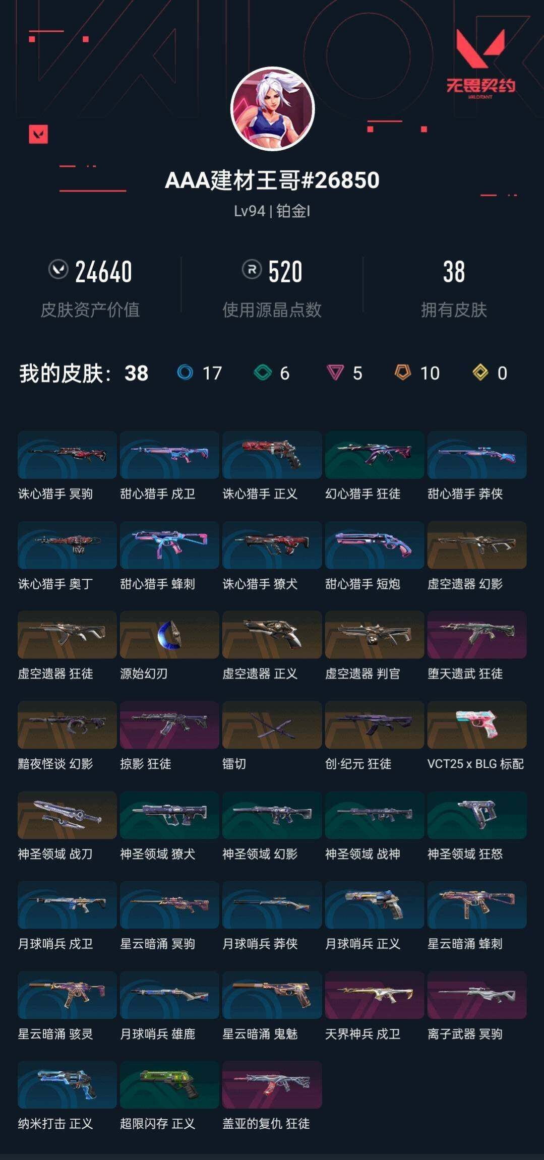 【WWC766】终极*10/卓越*5/皮肤*38/等级*94/段位:铂金/虚空遗器套装/炼狱/维斯/暮蝶/钛狐/壹决/铁臂/捷风/雷兹/幽影/不死鸟/贤者/猎枭/蝰蛇/零/芮娜/奇乐/尚勃勒/霓虹/