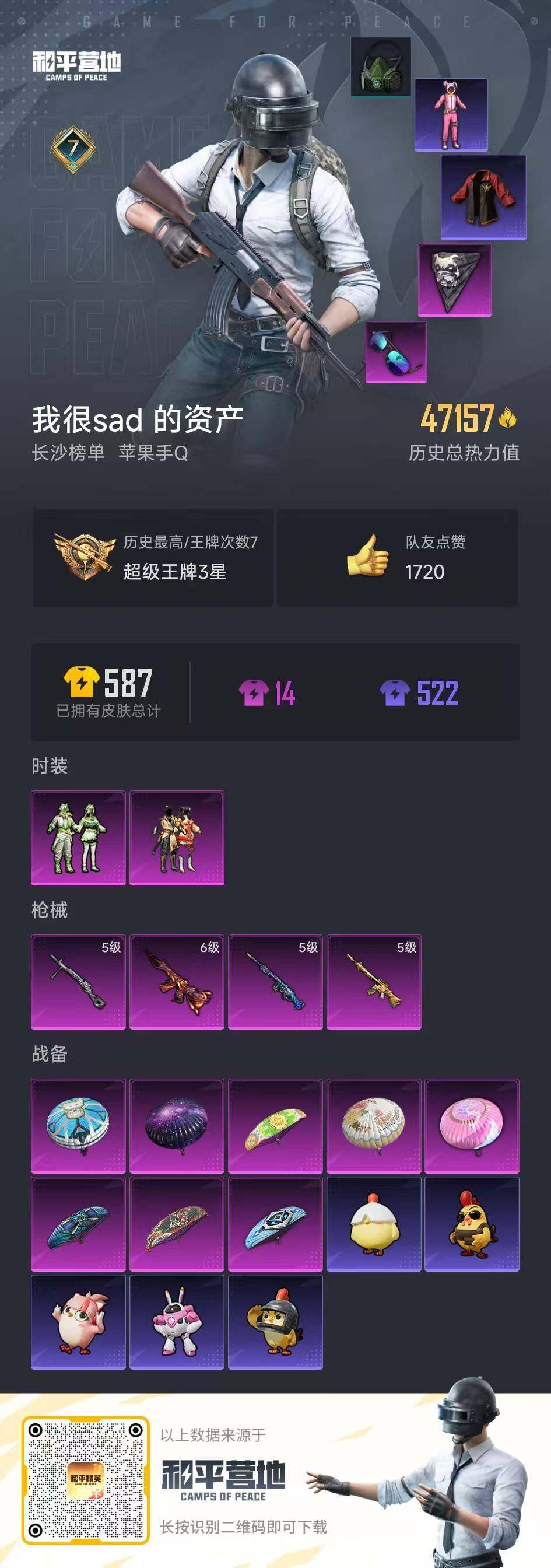 和平精英账号苹果QQ0载具-597套装-152枪皮-[]实名: 可修改 时装数: 138 枪械数: 152 战备数: 1