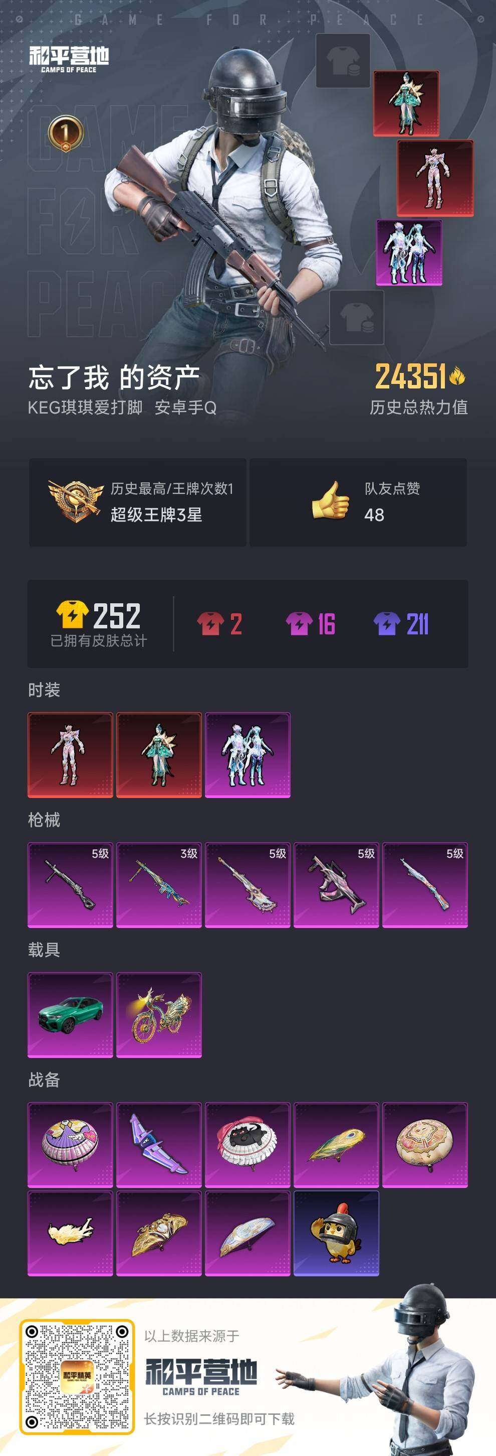 和平精英账号安卓QQ2载具-49套装-70枪皮-"DAS7309 包人脸 安卓Q-2红装1稀有2载具1粉装5特效枪5热门