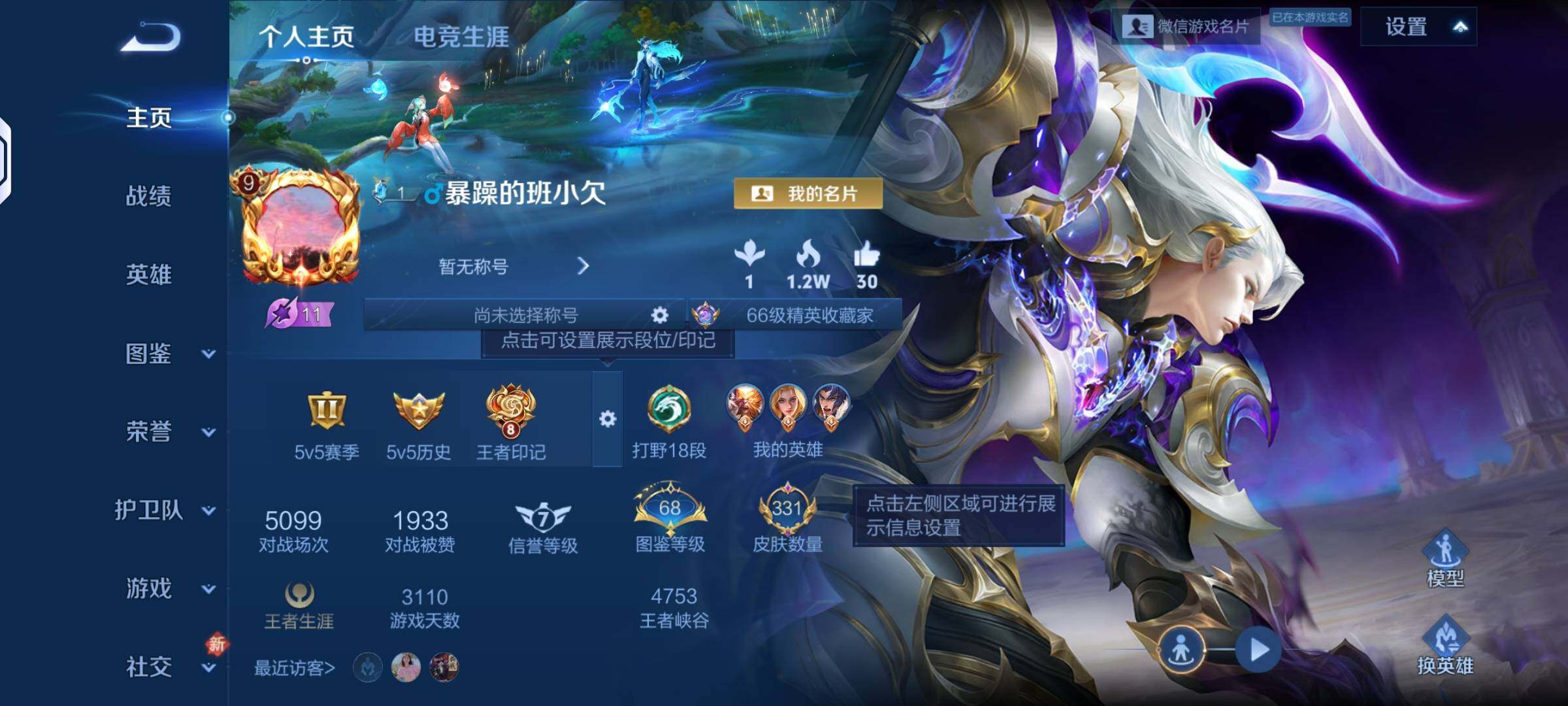 王者荣耀账号安卓VXJJ8824 可二  贵族9级 331皮1典藏17传说 11个性按键【荣耀典藏】：银白咏叹调【优质限