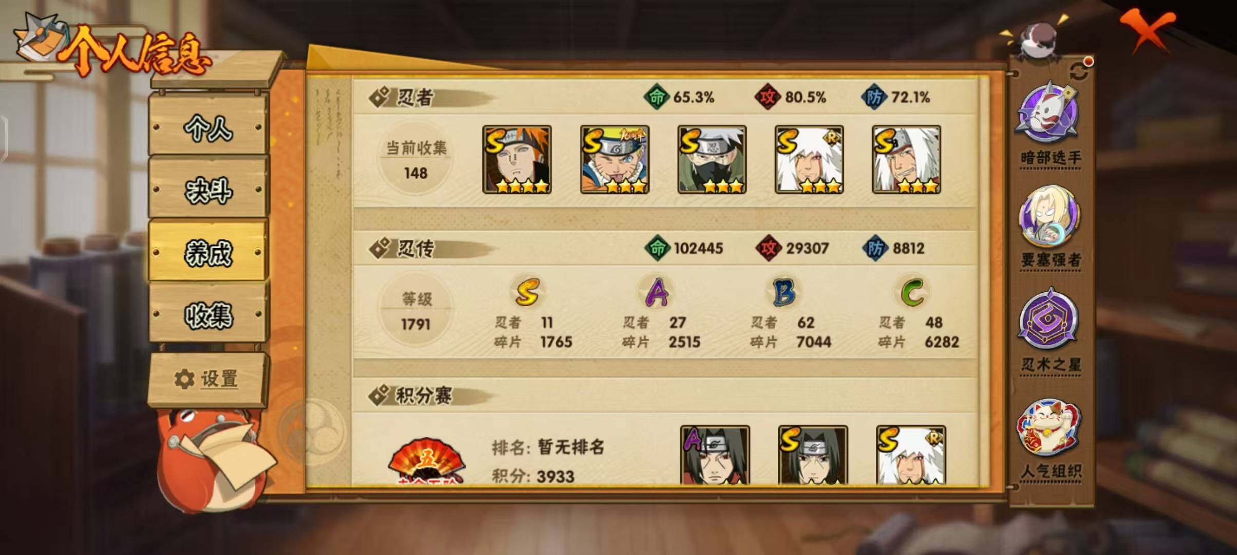 【HYSA1092】V6/战力1105W/S忍11/A忍27/通灵兽19/日向宁次「忍界大战」/2星大野木「侠隐江湖」/3星波风水门「九喇嘛连结」/飞段「死司凭血」/宇智波鼬/5星猿飞阿斯玛/旗木卡