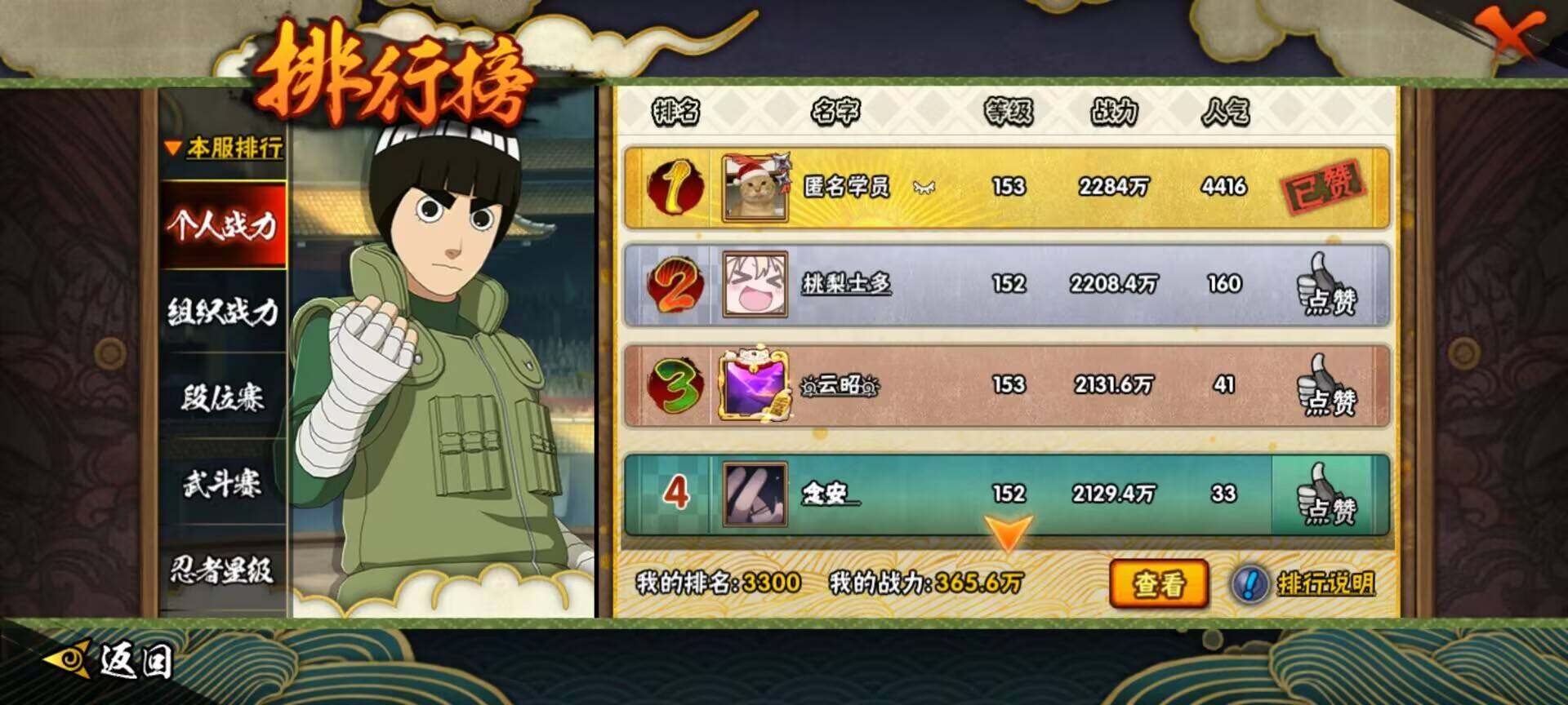 【HYD123】V1/战力365W/S忍4/A忍15/自来也「舞之豪杰」/日向宁次「忍界大战」/我爱罗「疾风传」/3星宇智波带土「十尾人柱力」/飞段「死司凭血」/宇智波鼬/迈特凯/蝎/飞段/3星漩涡