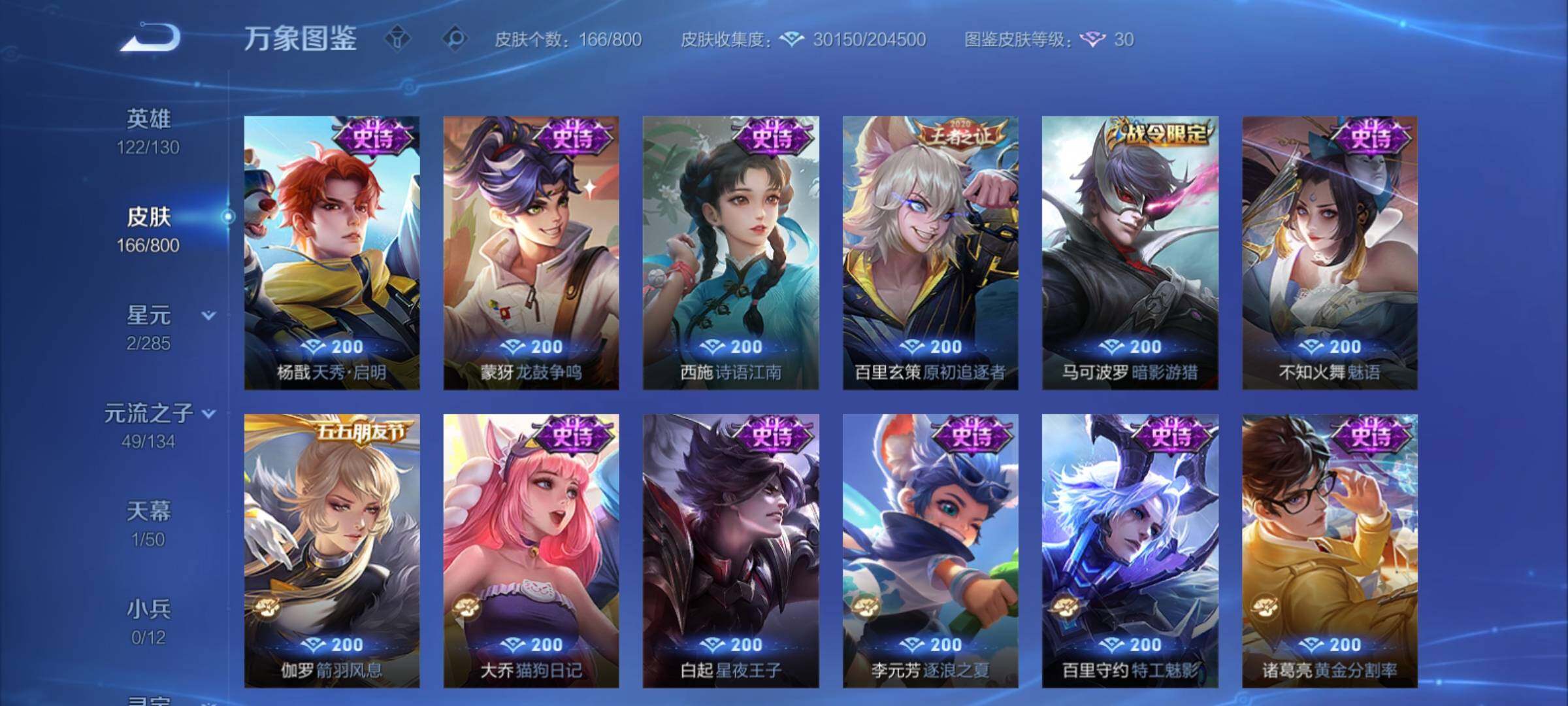 PX_2666596-可二次，【推荐多限定号·无双李信孙悟空曜·珍品伽罗嫦娥·多生肖限定·热情桑巴】4191星币 幸运值206 16按键，2星传说，1天幕，6王者印记，五级铭文100，安卓W