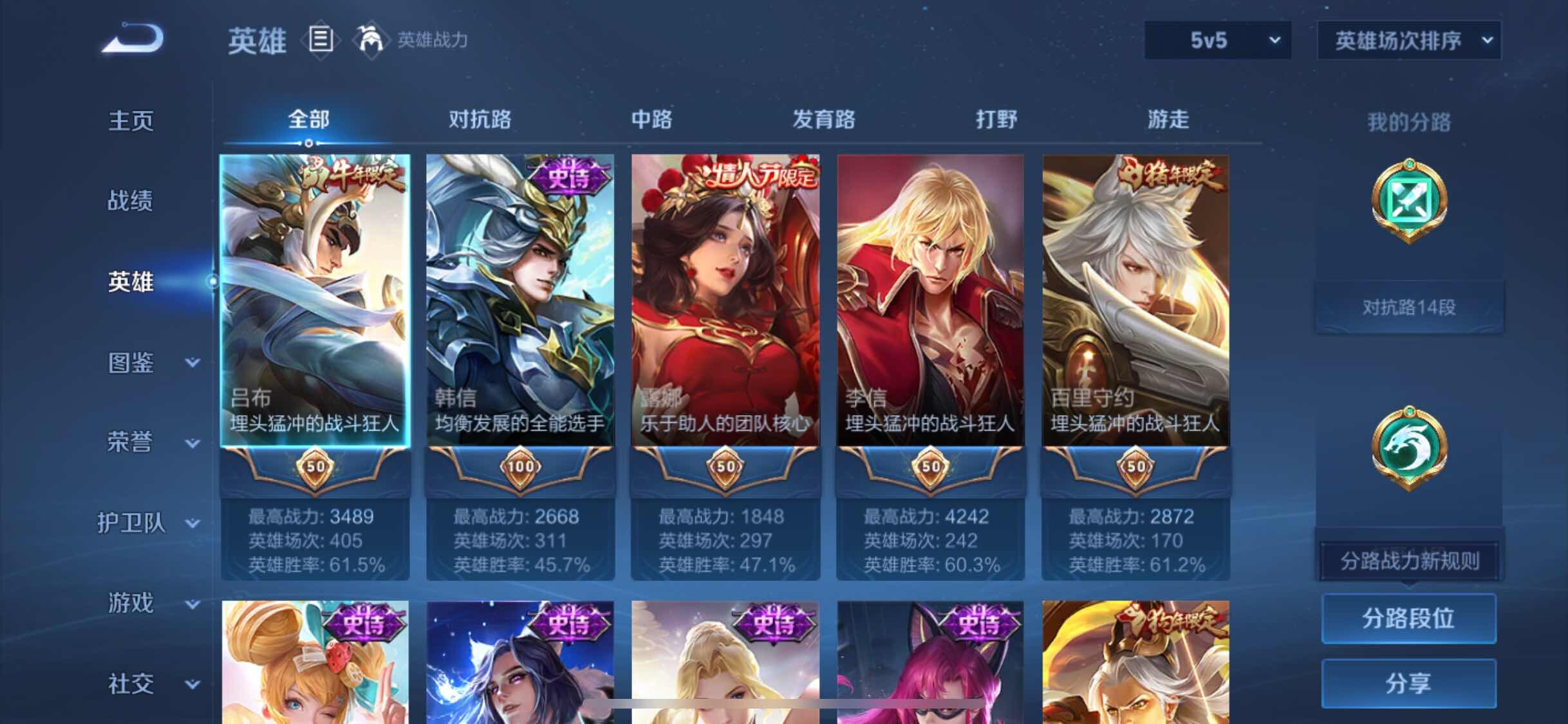 【WZSA1917】贵族等级6/传说皮肤数量1/史诗皮肤数量42/皮肤数量177/英雄数量128/段位最强王者/宫本武藏_地狱之眼/狄仁杰_阴阳师/赵云_皇家上将/嬴政_白昼王子/鲁班七号_狮舞东方