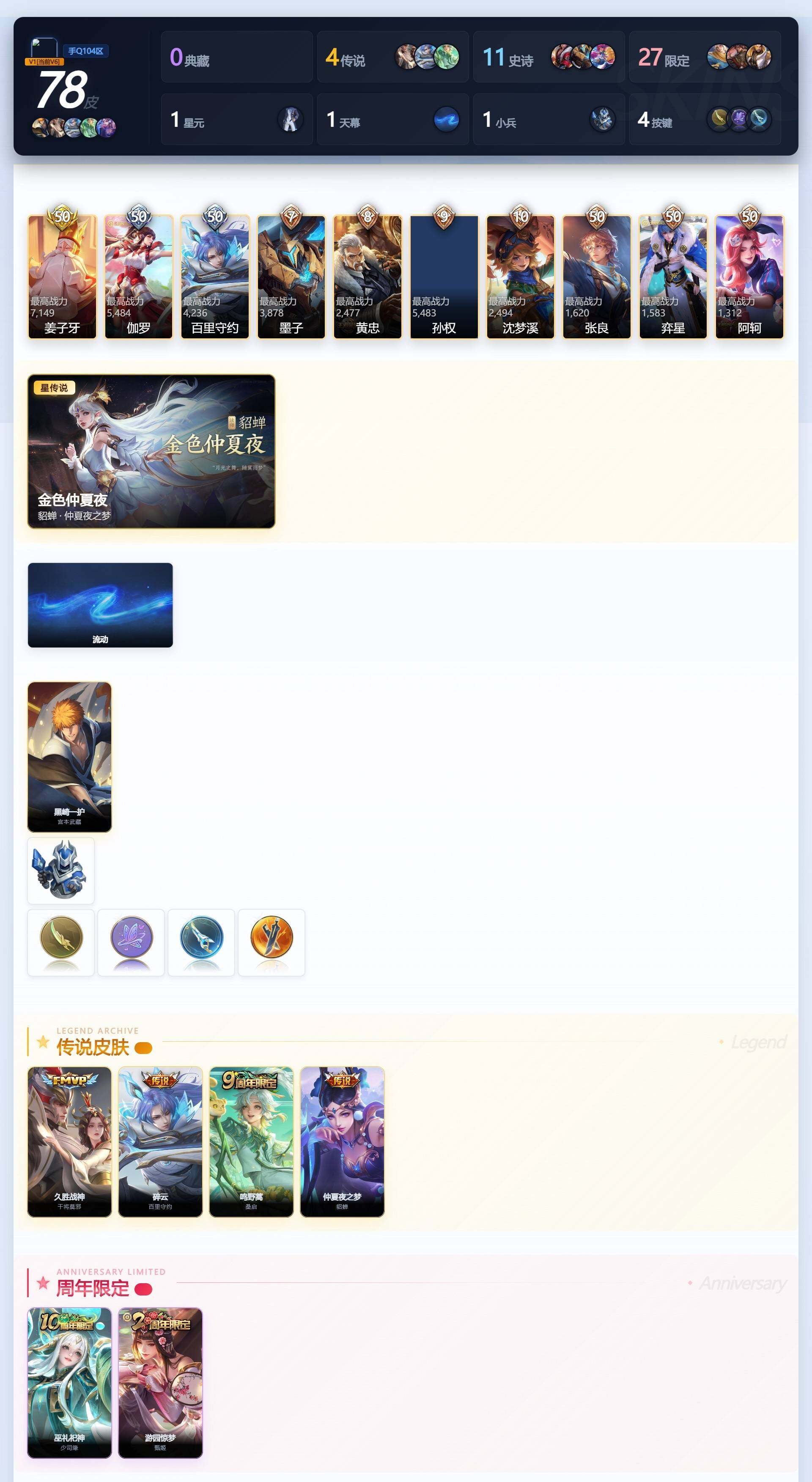【优质小号·黑崎一护·1星元·久胜战神·流动天幕·无二次】YXw36544-苹果Q-129英雄-78皮肤-贵族积分1w【贵族6】【1珍品·1星传说·4传说·1天幕·4按键】【因赛季更新游戏段付以上号