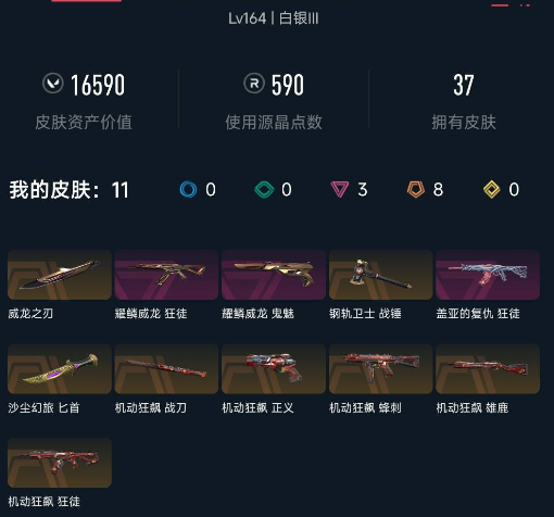 【WW1556】LV等级164/皮肤总价值16590/段位白银/总皮肤数量37/刀皮数量4/枪皮数量33/套装数量2/具体详情请看图/机动狂飙套装/耀鳞威龙套装/幻棱/炼狱/维斯/暮蝶/钛狐/壹决/