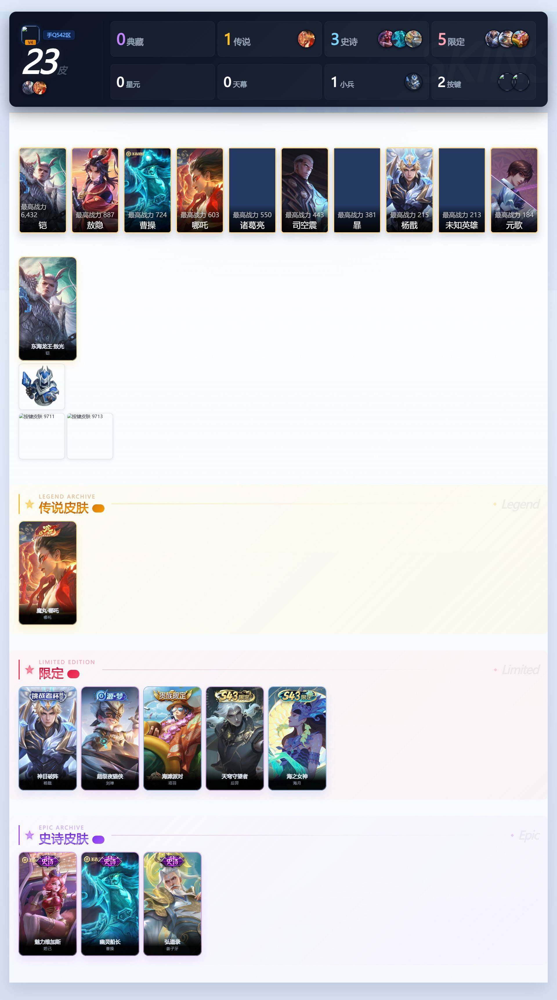 【捡漏号·东海龙王敖光·魔丸哪吒·无二次】YXw36650-安卓Q-50英雄-23皮肤-贵族积分4q【贵族4】【1珍品·1传说·4按键】【因赛季更新游戏段付以上号为准!】
【珍品传说】：铠东海龙王敖