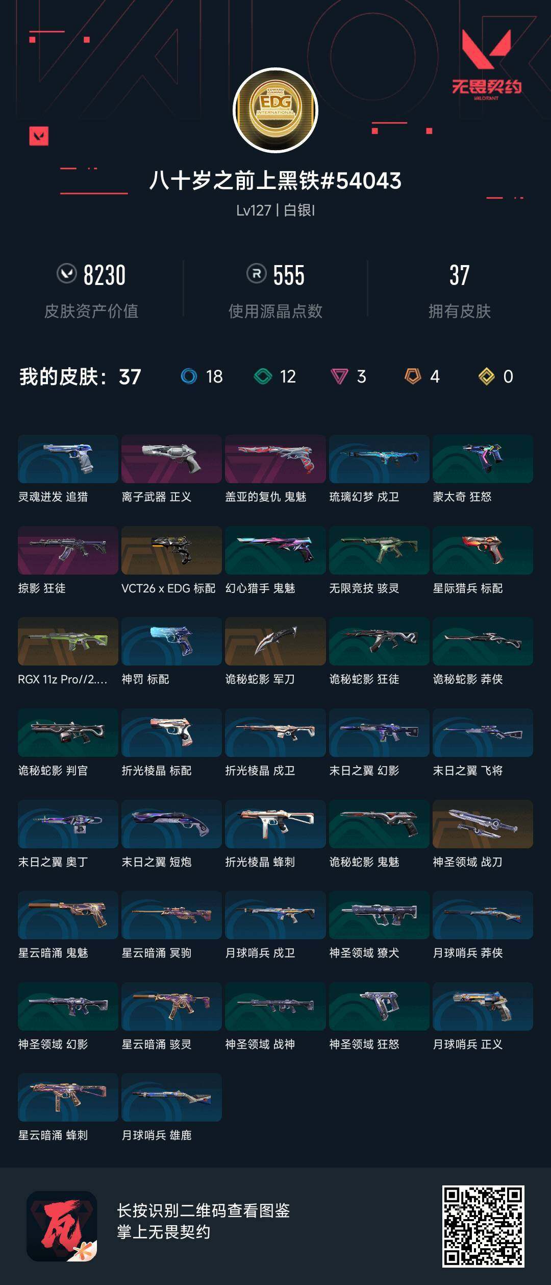 【WWN687】LV等级127/皮肤总价值8230/段位白银/总皮肤数量37/刀皮数量2/枪皮数量35/具体详情请看图/幻棱/炼狱/维斯/暮蝶/钛狐/壹决/铁臂/捷风/雷兹/幽影/不死鸟/贤者/猎枭