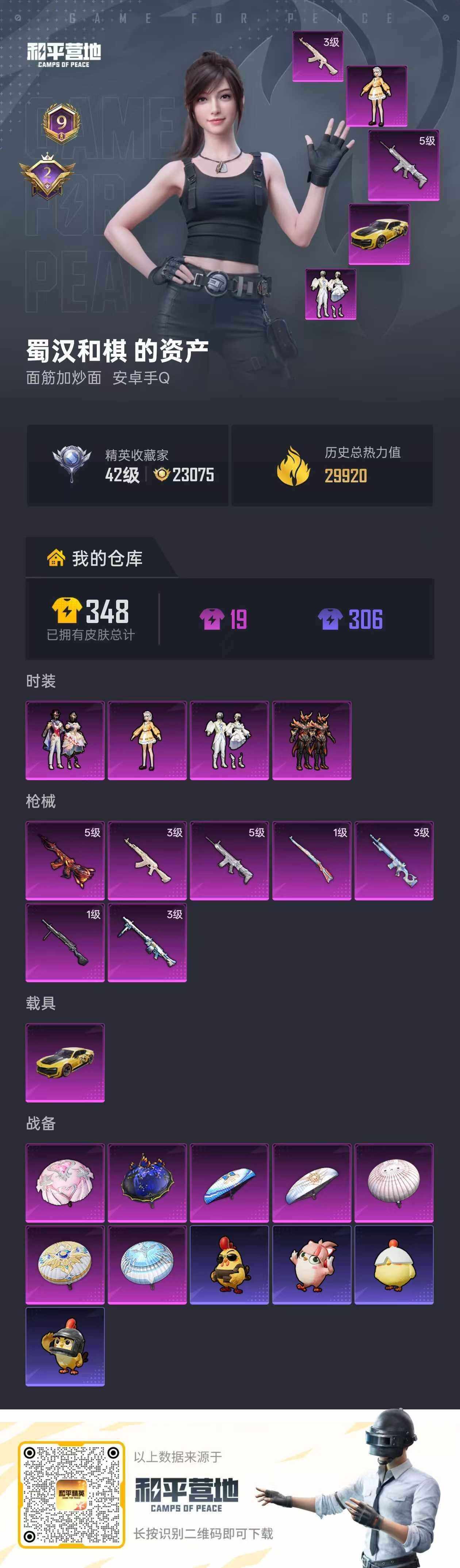 和平精英账号安卓QQ【A13178】67套装/枪械7/装备104/载具1/战备80/王牌印记9/热力值29920/三级AKM-白勺歌姬/五级SCAR-L-纯梦嫁纱/五级M416-风花雪月/一级Kar98K-巳巳如意/三