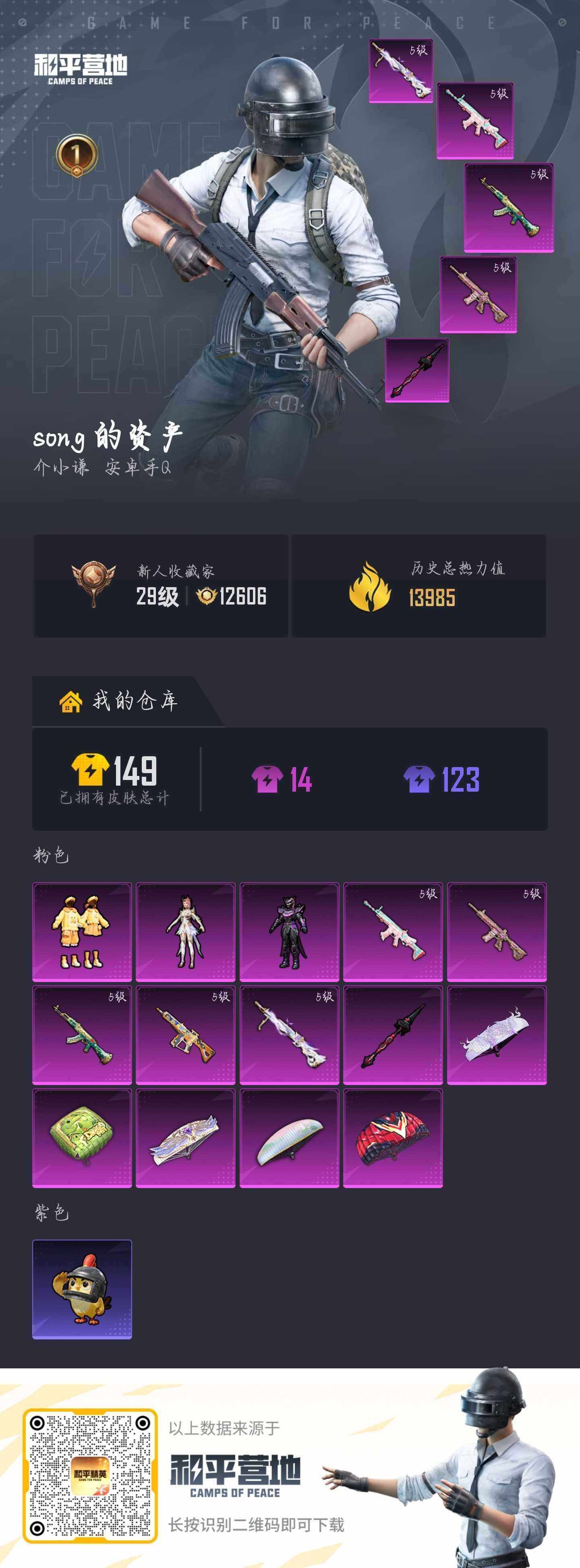 和平精英账号安卓QQ【A15031】25套装/枪械5/装备56/战备29/王牌印记1/热力值14125/五级AA12-G-其乐融融/五级AKM-绿萝繁花/五级SCAR-L-锦绣绵绵/五级M416-心之恋语/五级DP-2