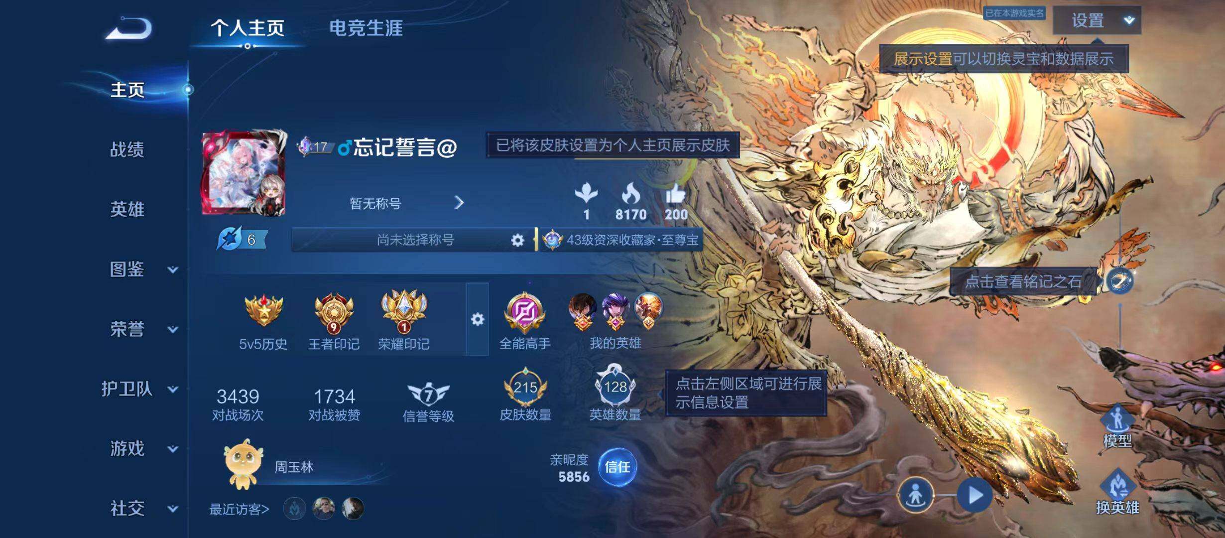 王者荣耀账号安卓QQ安卓Q-V7-尊贵铂金IV段位-128英雄-215皮肤-2典藏皮肤-1无双-1珍品传说-15传说-6