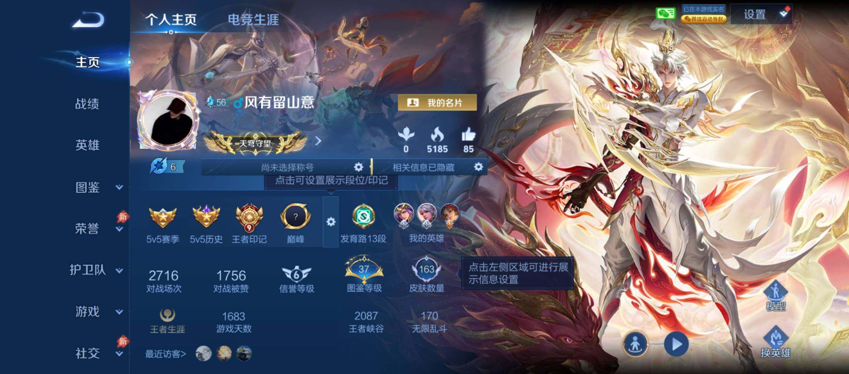 王者荣耀账号安卓VXQY361 贵族5级 社交 无二 3个性按键 164皮肤 3传说【传说】澜-愿照九州拓 桑启-鸣野蒿 宫本武藏-地狱之眼