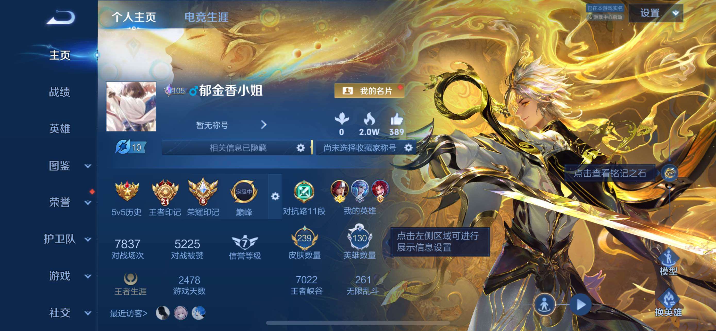 王者荣耀账号苹果QQ极品打野皮肤号-金标1.3w战力韩信-有马年主页装扮-苹果Q-V8-最强王者段位-130英雄-239