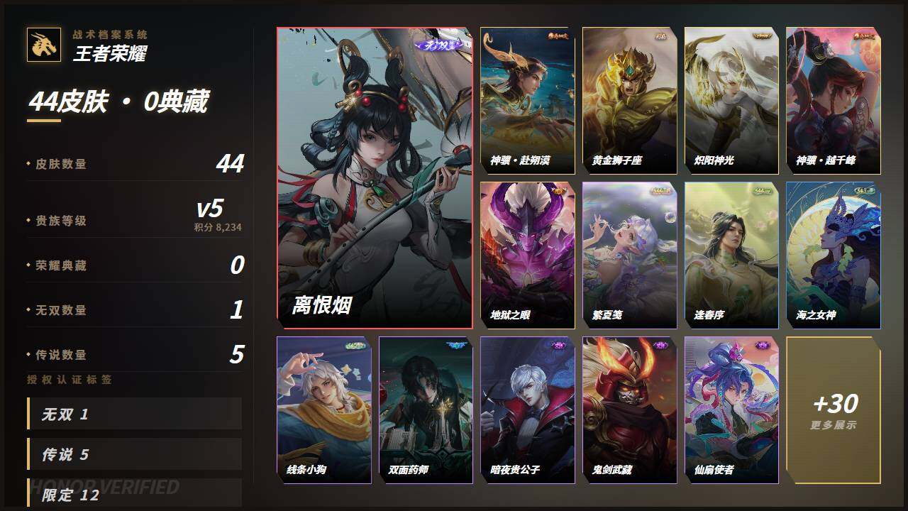 王者荣耀账号安卓QQ【特价出售/店主推荐】安卓Q-V5-至尊星耀I段位-75英雄-44皮肤-1无双-5传说-16史诗
【英雄全皮】：孙权全皮
【无双皮肤】：公孙离-离恨烟
【传说皮肤】：云缨-神骥越千峰，狄仁杰-神骥赴