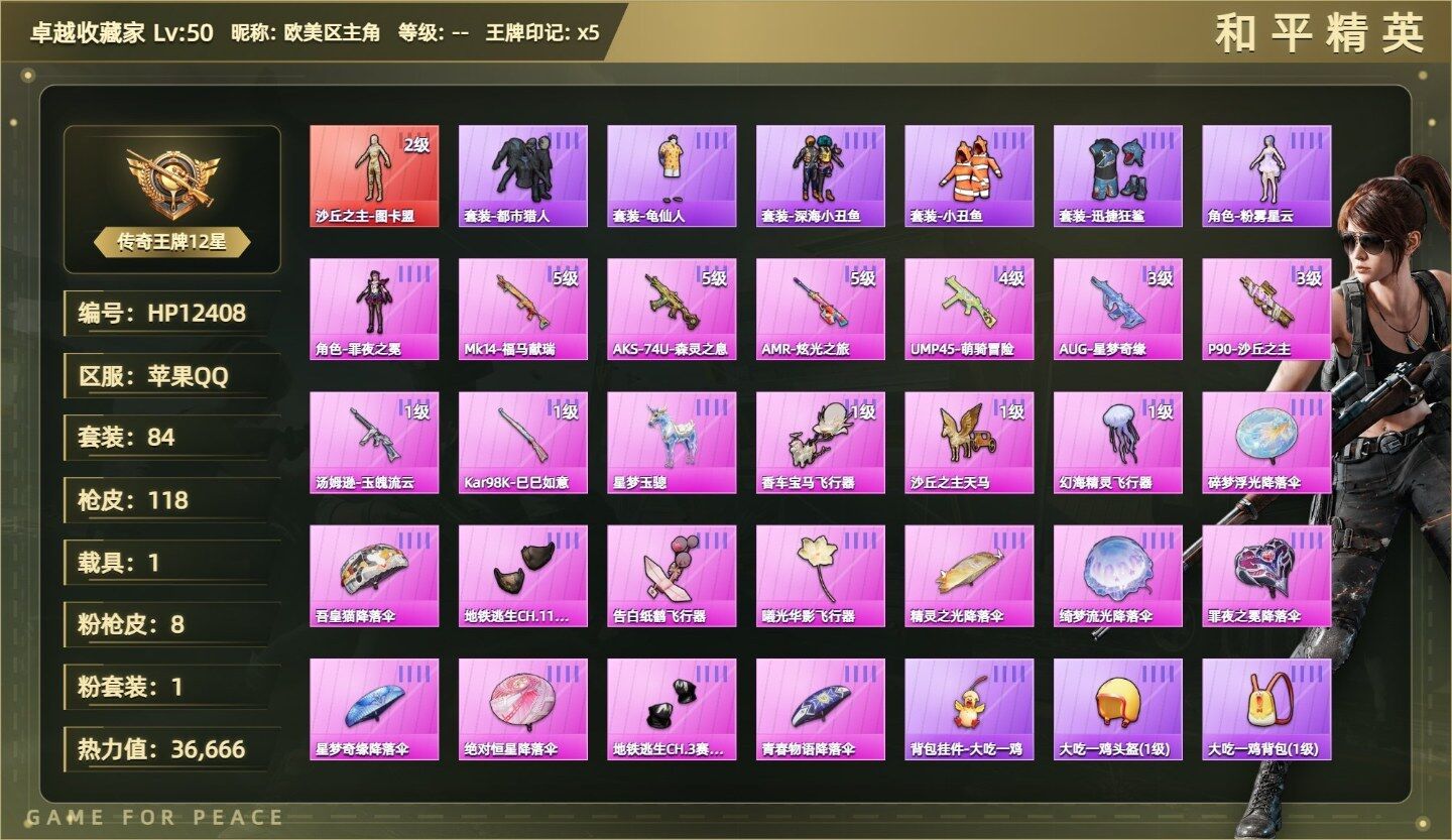 （1神装-1粉装-8粉枪-1载具）-图卡盟二级/都市/罪夜之冕/Mk14福马献瑞五级/AKS74U森灵之息五级/AMR炫光之旅五级/UMP萌骑冒险四级/AUG星梦奇缘三级/P90沙丘之主三级/汤姆逊玉魄流云一级/98K巳巳如意一级/星梦玉骢没战神框HP12408-5粉色飞行器-36666热力值-5王牌印记-84套装-118枪皮
【红色神装等级】：沙丘之主-图卡盟(二级)
【红色角色神装】：沙丘