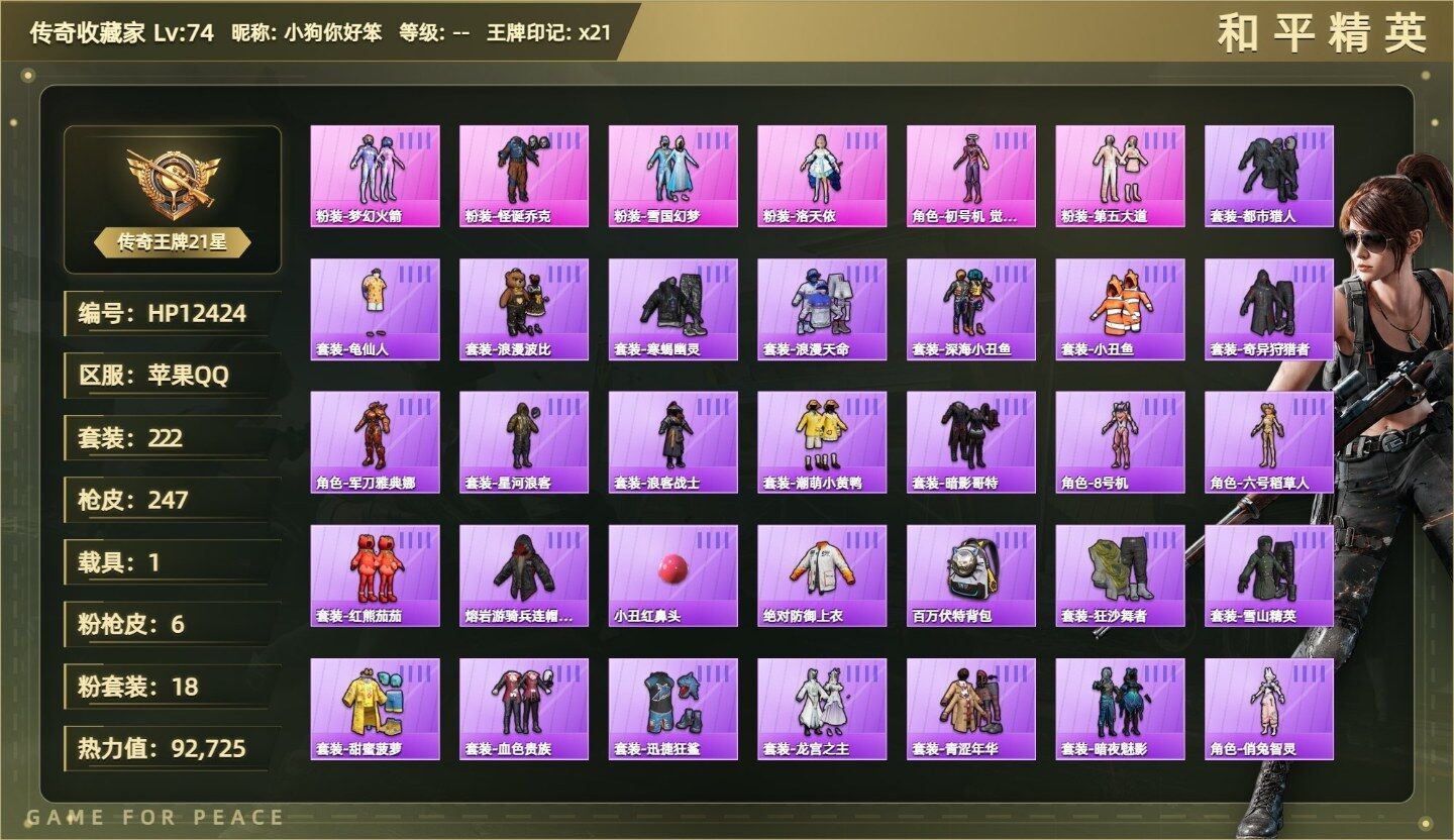 （18粉装-6粉枪-1载具）-都市/宁姚/小丑/初号机觉醒Ver./玩偶服-猪猪侠/镜光幻境/圣堂之誓/黄族统领/第五大道/甜蜜誓约/宝贝奶油派/星夜魔法师/新星烈龙/碧影闪光/雪国幻梦/M4心之恋语七级/AKM梦之光华七级/汤姆逊玉魄流云五级/AA12G其乐融融五级/98K巳巳如意五级/SCARL锦绣绵绵五级/玛莎拉蒂（粉）没战神框HP12424-3粉色飞行器-92725热力值-21王牌印记