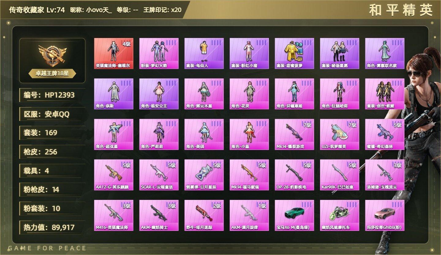 素材号-塞维尔四级/辉云木星/花灵/异瞳寒姬/狂魅哈莉/创世·救赎/超弦星/严莉莉/美琪/小蓝/火箭少女/Mk14爆裂游戏七级/UZI筑梦精灵七级/蜜獾奇幻森林五级/AA12G其乐融融五级/SCARL云端童话五级/烟雾弹日月星辰五级/Mk14福马献瑞五级/DP28豹影疾电五级/黑曜夜骑/宝马X6M（绿）/幽焰风驰摩托车/玛莎拉蒂（粉）（1神装-10粉装-14粉枪-4载具）没战神框HP12393