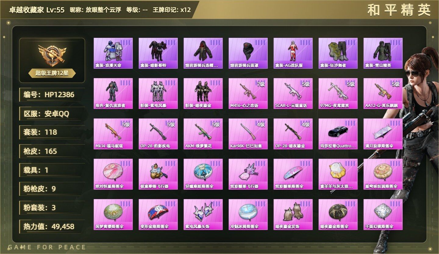 （3粉装-8粉枪-1载具）-复仇流浪者/紫电风暴/暗夜鎏金/M4心之恋语七级/SCARL云端童话五级/AA12G其乐融融五级/Mk14福马献瑞五级/DP28豹影疾电五级/AKM绿萝繁花五级/98K巳巳如意四级/DP28暗夜鎏金四级/玛莎拉蒂（蓝）没战神框HP12386-2粉色飞行器-49458热力值-12王牌印记-118套装-165枪皮
【热门品类】：套装-浪漫天命，套装-AG战队服，红眼罩，