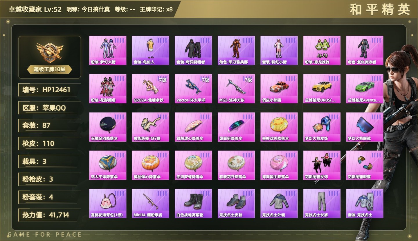 4粉装3粉枪3载具恐龙拽拽/火箭少女/复仇流浪者/花影阑珊/狗杂焦糖拿铁七级/Vector环太平洋七级/MG3洛神天依七级/俏皮小熊猫/兰博基尼URUS黄/兰博基尼AventadorSVJ绿没战神框HP粉色飞行器41714热力值8王牌印记87套装110枪皮
【热门品类】粉装梦幻火箭套装奇异狩猎者角色军刀雅典娜套装龟仙人套装粉红小猪
【粉色套装】粉装梦幻火箭粉装花影阑珊粉装恐龙拽拽角