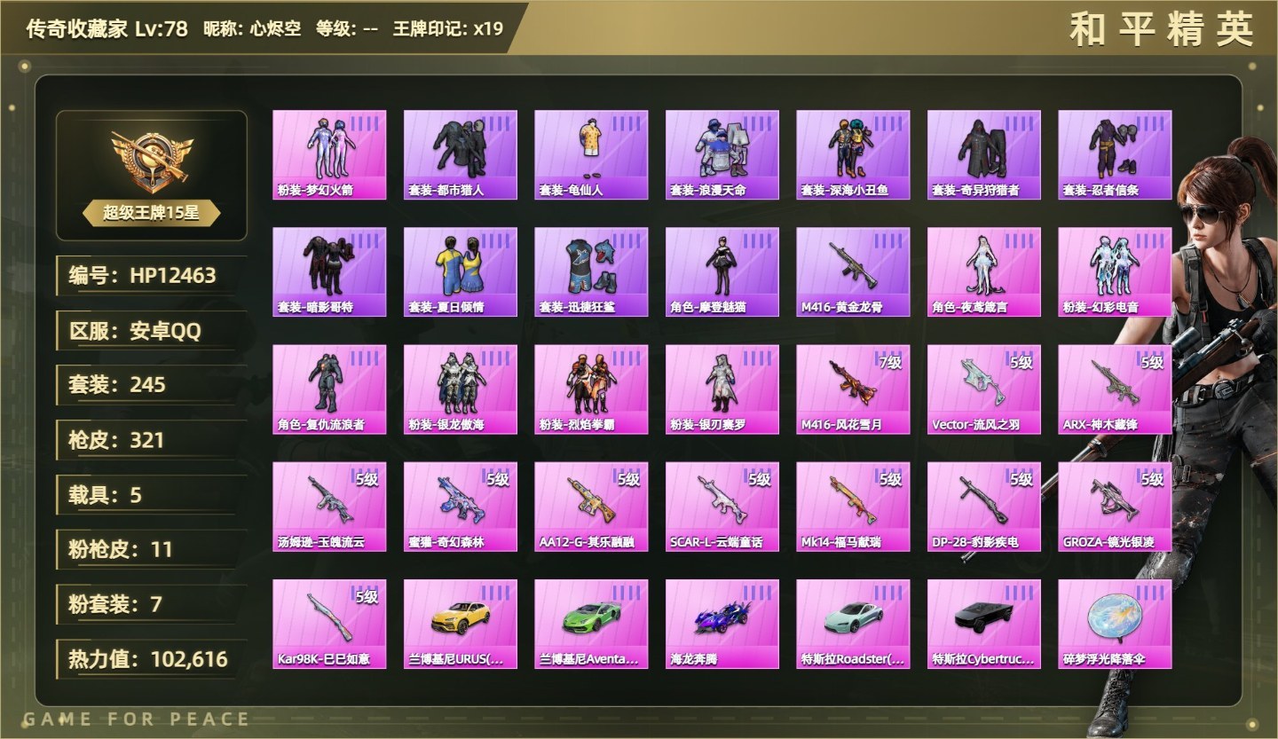 7粉装11粉枪5载具都市/夜鸢箴言/幻彩电音/复仇流浪者/火箭少女/银龙傲海/烈焰拳霸/银刃赛罗/M4风花雪月七级/Vector流风之羽五级/ARX神木藏锋五级/汤姆逊玉魄流云五级/蜜獾奇幻森林五级/AA12G其乐融融五级/SCARL云端童话五级/Mk14福马献瑞五级/兰博基尼URUS黄/兰博基尼AventadorSVJ绿/海龙奔腾/特斯拉Cybertruck黑没战神框HP粉色飞行