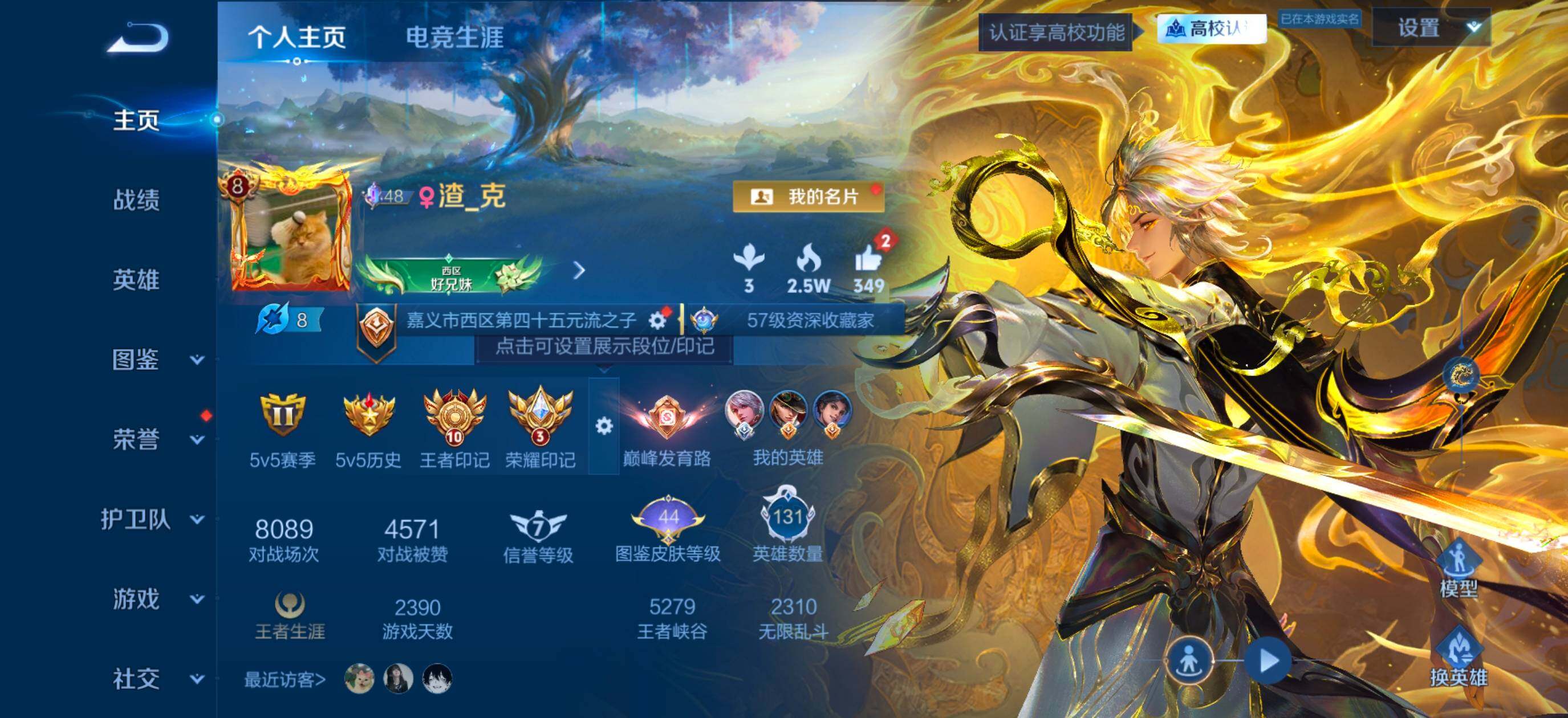 可二次精品号 10王者印记 个性按键多多 安卓Q-V8-至尊星耀III段位-131英雄-285皮肤-1典藏皮肤-1无双-21传说-93史诗
【英雄全皮】：孙权全皮，大禹全皮，赵怀真全皮，莱西奥全皮，影全皮
【荣耀典藏】：李白-鸣剑曳影
【无双皮肤】：曜-器灵螭龙剑
【传说皮肤】：后羿-神树通天，干将莫邪-千山共赴，澜-愿照九州拓，虞姬-愿照岁时盈，云缨-幻光神枪，裴擒虎-祥瑞亨通，桑启-鸣野蒿