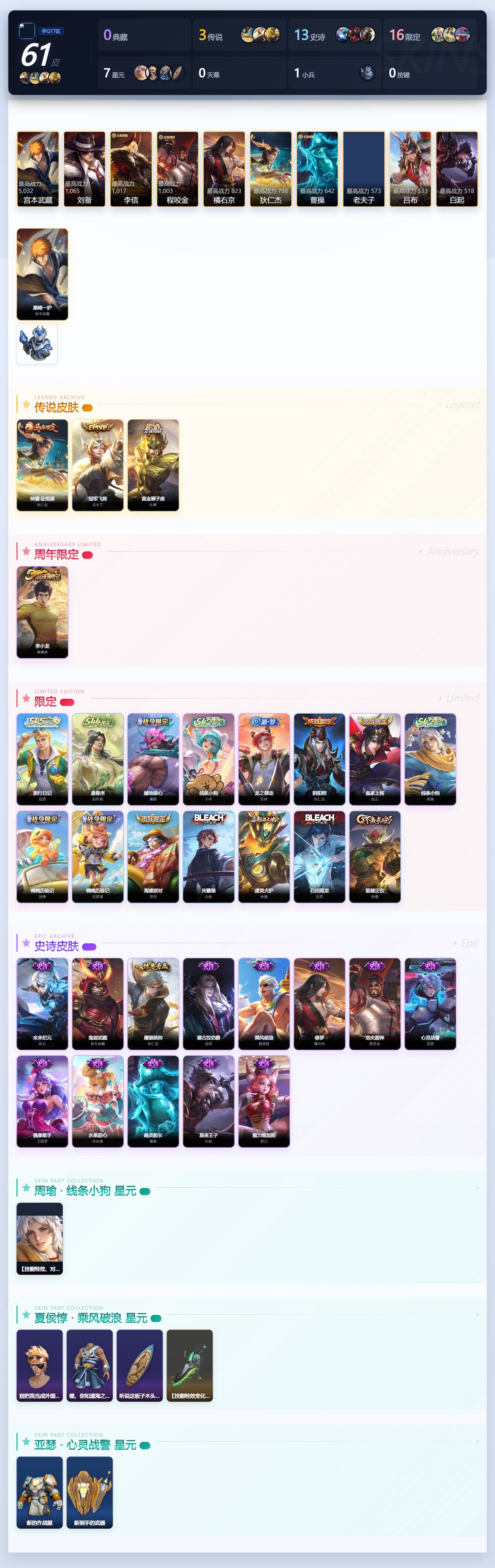 PX_2990891-??推荐·黑崎一护·神骥赴朔漠·无二次】YXw65250安卓Q85英雄61皮肤贵族积分0w【贵族5】【1珍品·3传说】【因赛季更新游戏段付以上号为准!】 【珍品传说】宫本武藏黑崎一护 【传说皮肤】狄仁杰神骥赴朔漠达摩黄金狮子座花木兰冠军飞将 【限定皮肤】狄仁杰阴阳师赵云皇家上将项羽海滩派对钟馗驱傩正仪裴擒虎李小龙 【年限皮肤】狄仁杰神骥赴朔漠 【赛季限定】