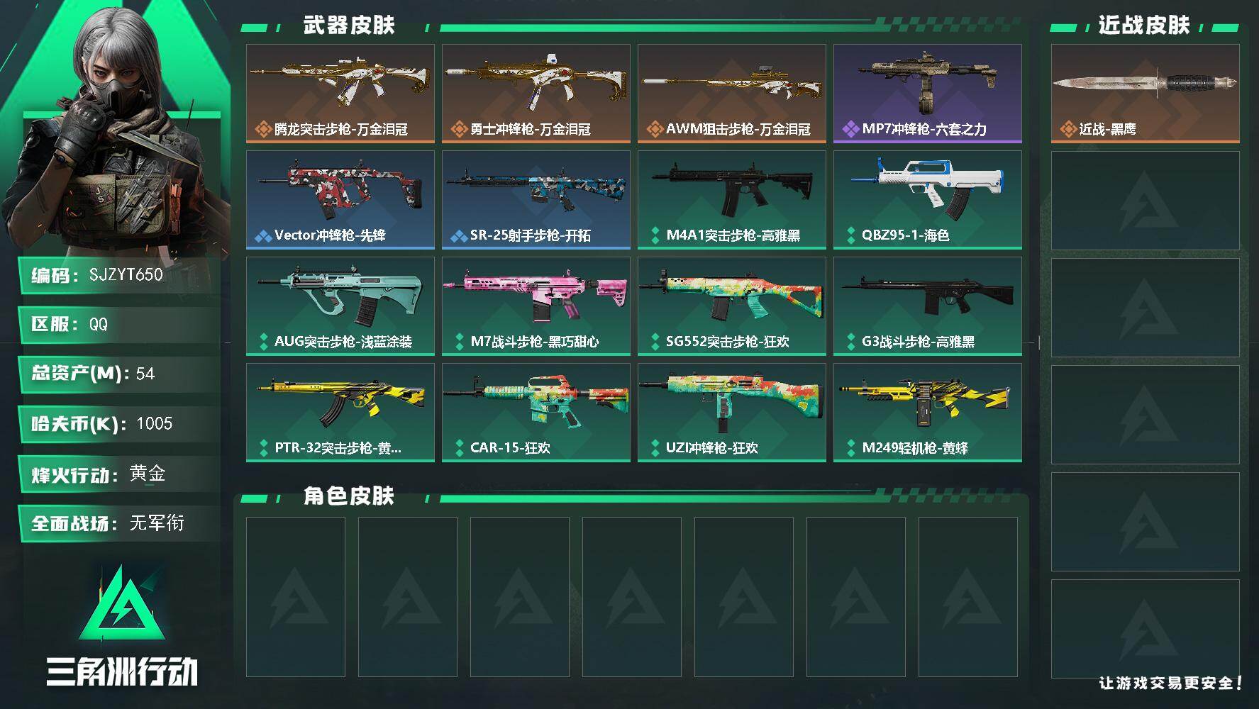 三角洲行动账号QQ【SJZYT650】总资产(M)：54M/哈夫币(K)：1005K/哈夫币(K)：1005K/传说枪皮数：3/全面战场等级：1_段位：无段位/烽火地带等级：36_段位：黄金/藏品-非洲之心/近战-黑