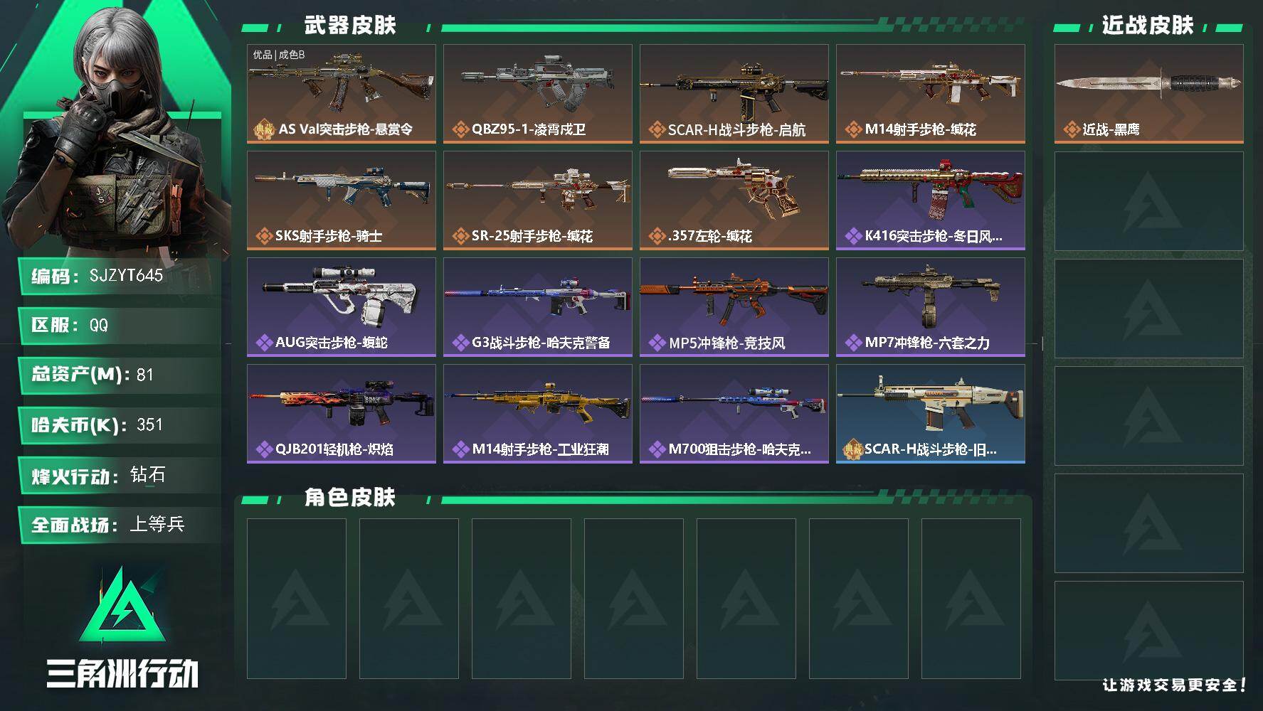 三角洲行动账号QQ【SJZYT645】总资产(M)：81M/哈夫币(K)：351K/哈夫币(K)：351K/传说枪皮数